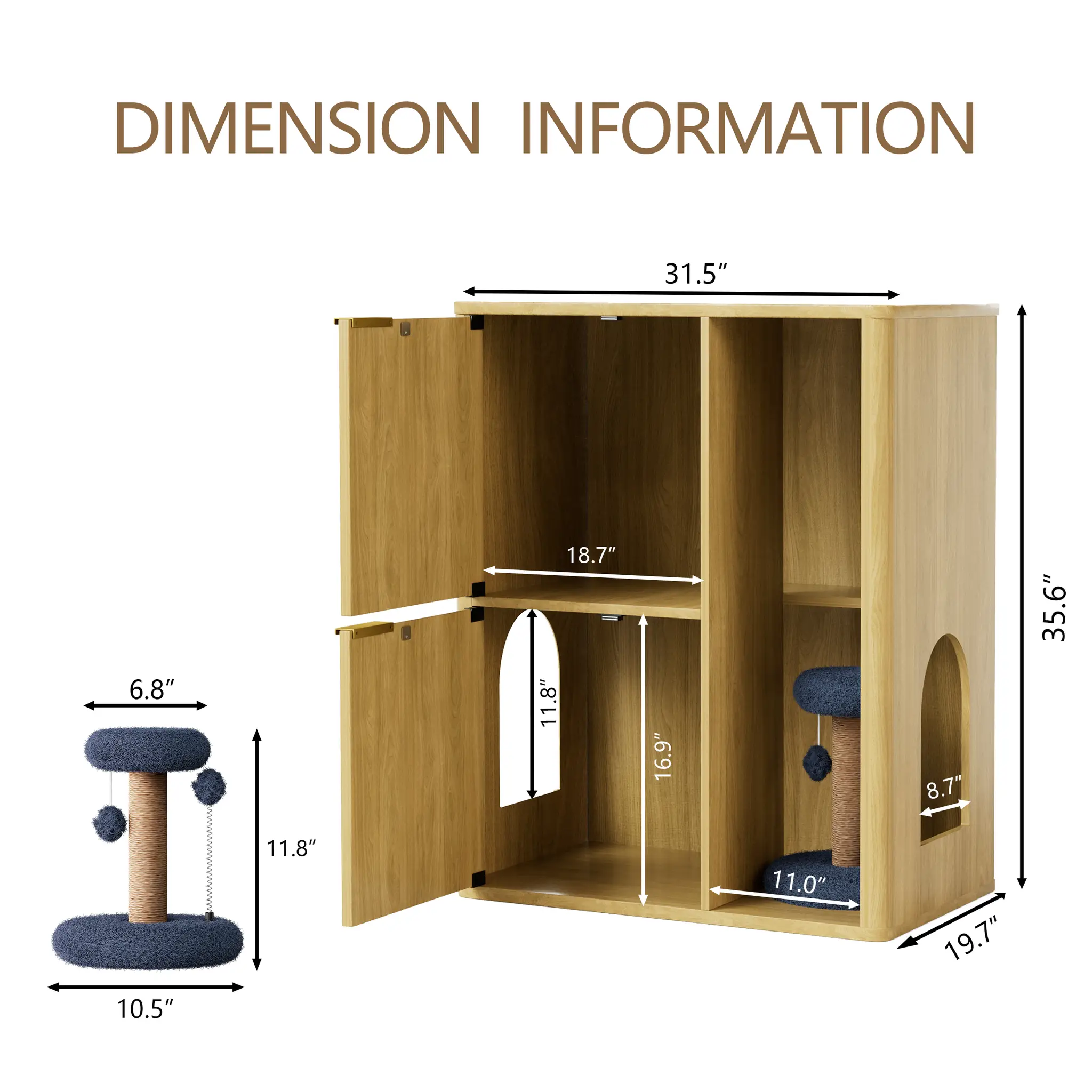31.5-inch Light Wood Cat Litter Cabinet with Cat Tree by HouseOfZazla