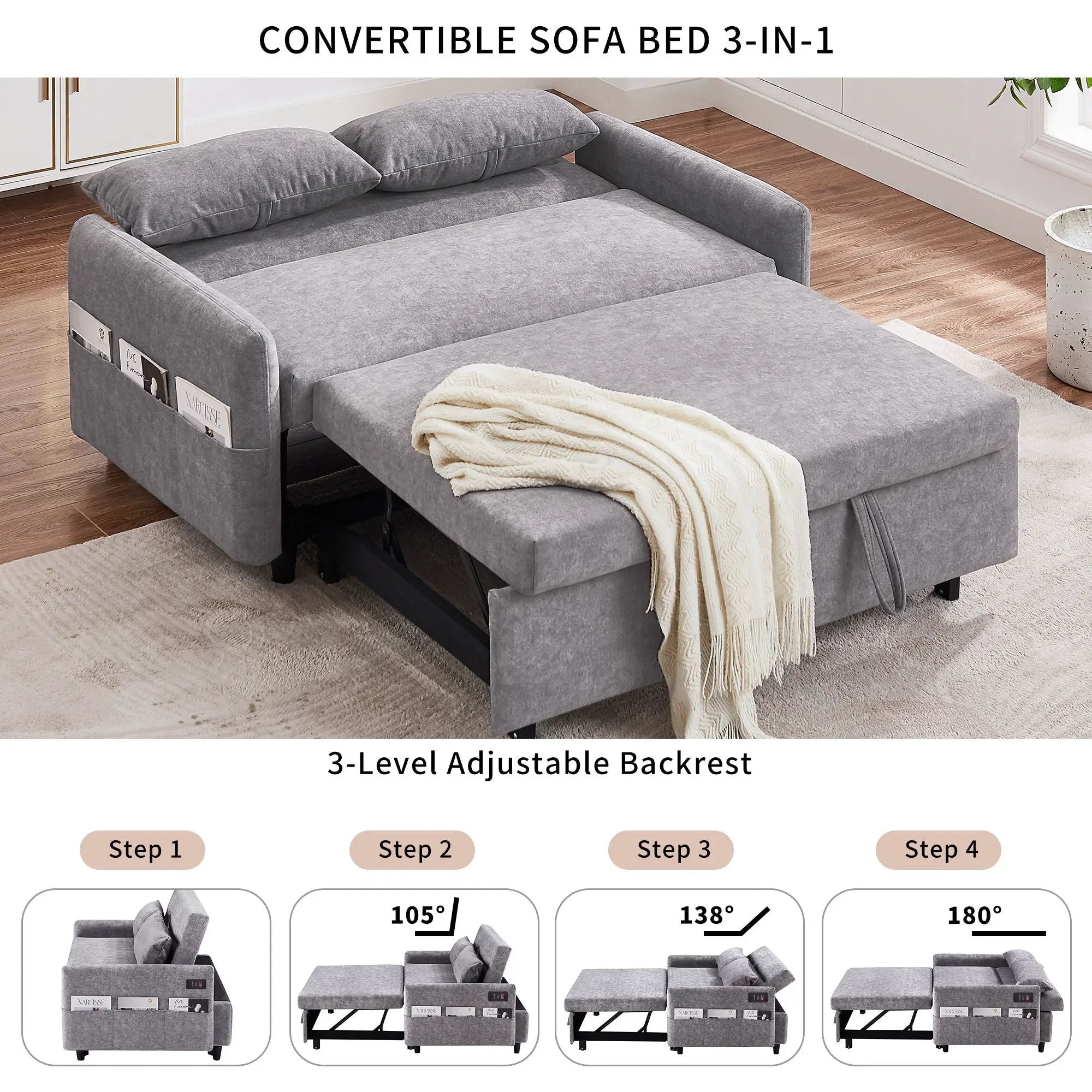 Pull Out Sleep Sofa Bed Loveseats Sofa Couch With Adjsutable Backrest, Storage Pockets, 2 Soft Pillows, USB Ports For Living Room, Bedroom, Apartment, Office by Unique Piece Furniture