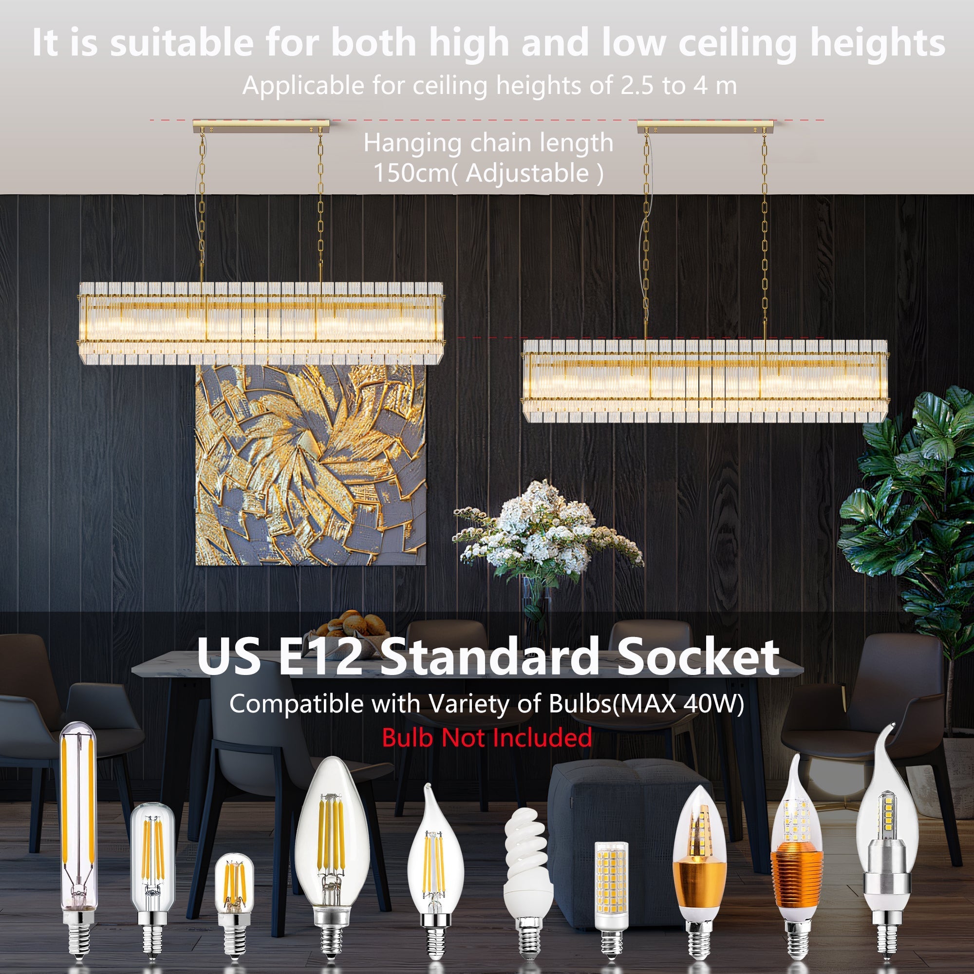 Modern Rectangular Crystal Glass 10-Light Chandelier by HouseOfZazla