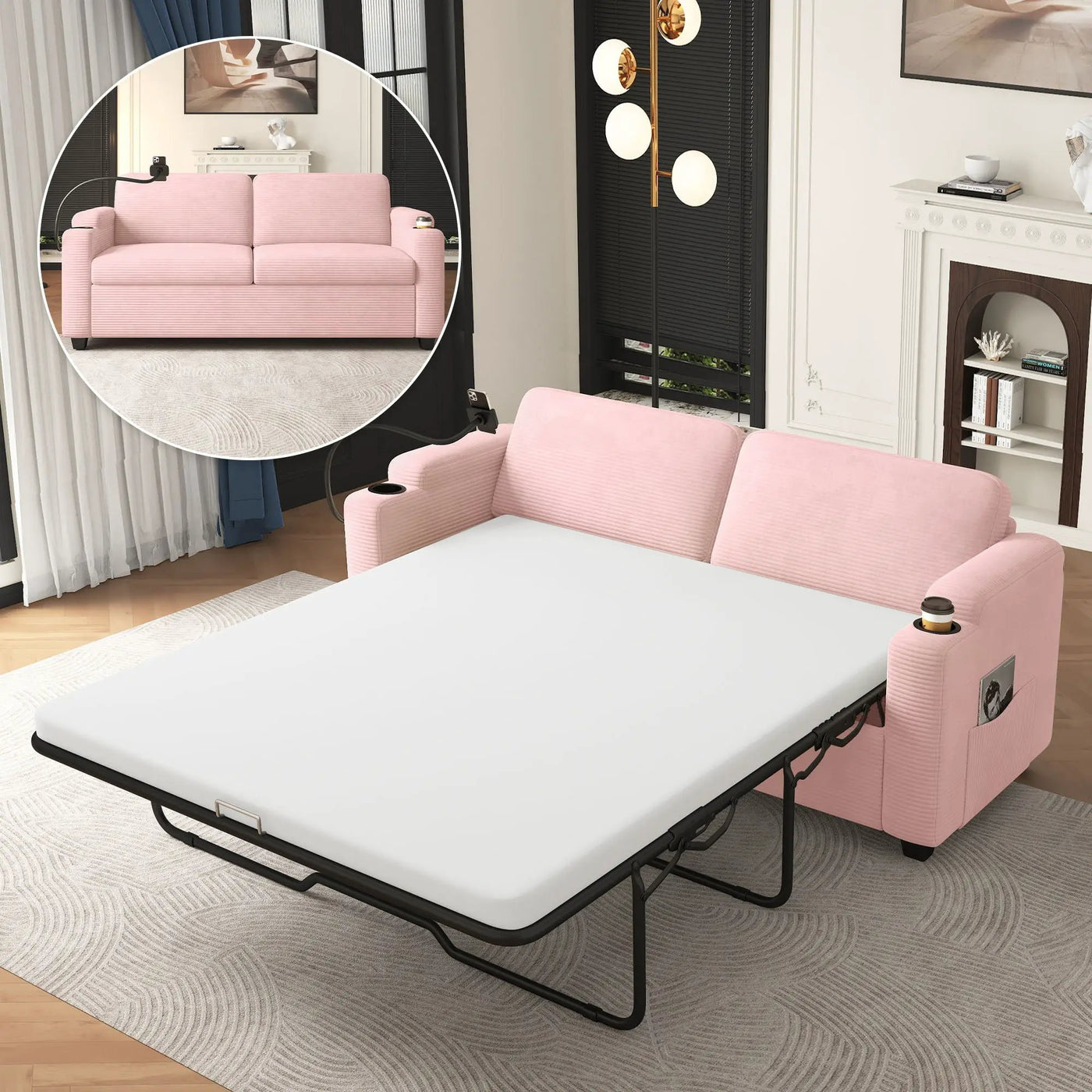 Sleeper Sofa Loveseat Sofa With Full Size Mattress, 2 USB Ports, 2 Cup Holders, 2 Side Pockets And Phone Holder by HouseOfZazla