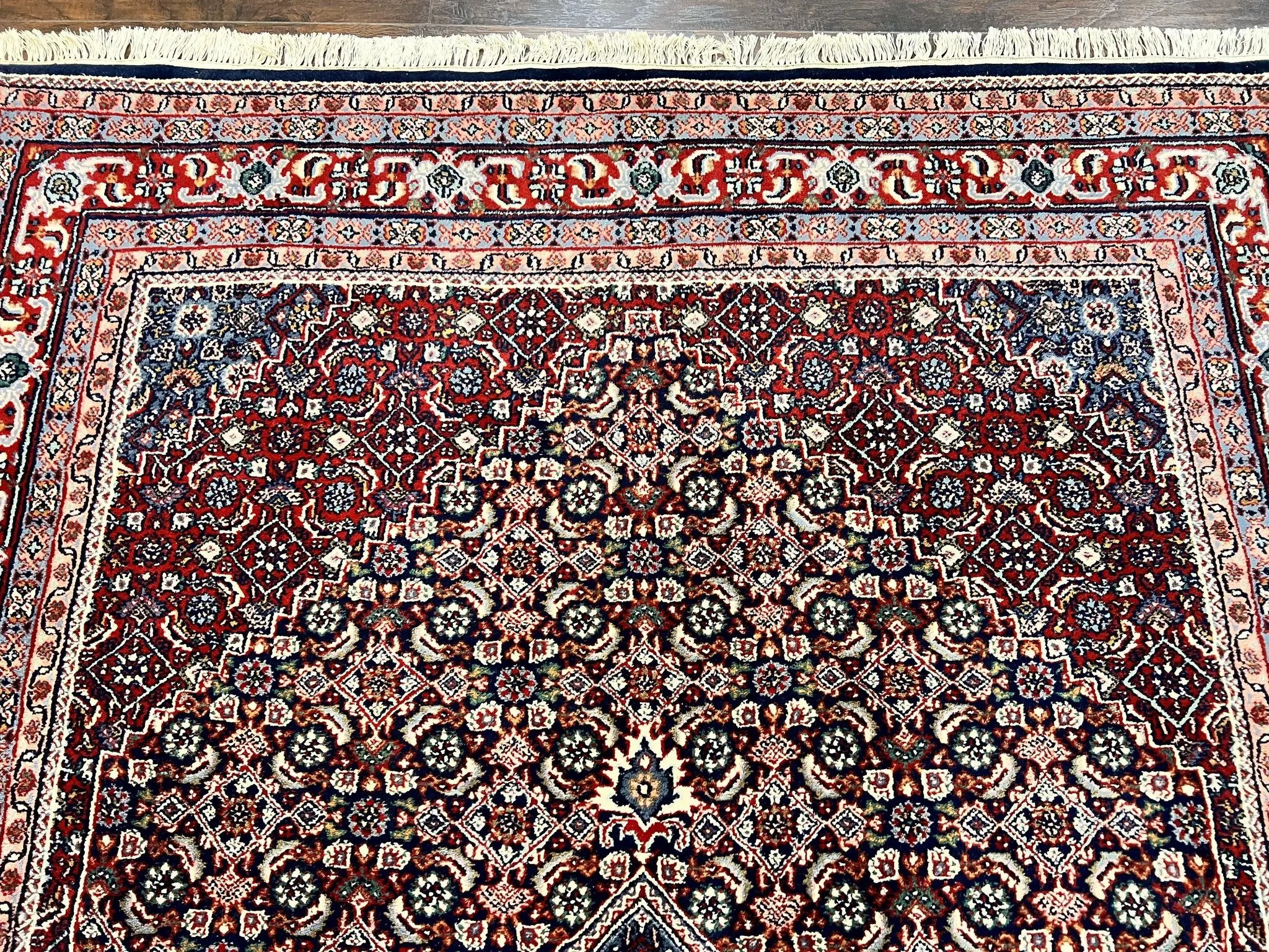 Indo Persian Rug 7x10, Dark Blue and Red Hand Knotted Wool Vintage Oriental Carpet 7 x 10 ft, Handmade Bidjar Rug, Herati Pattern Indian Rug by Jewel Rugs