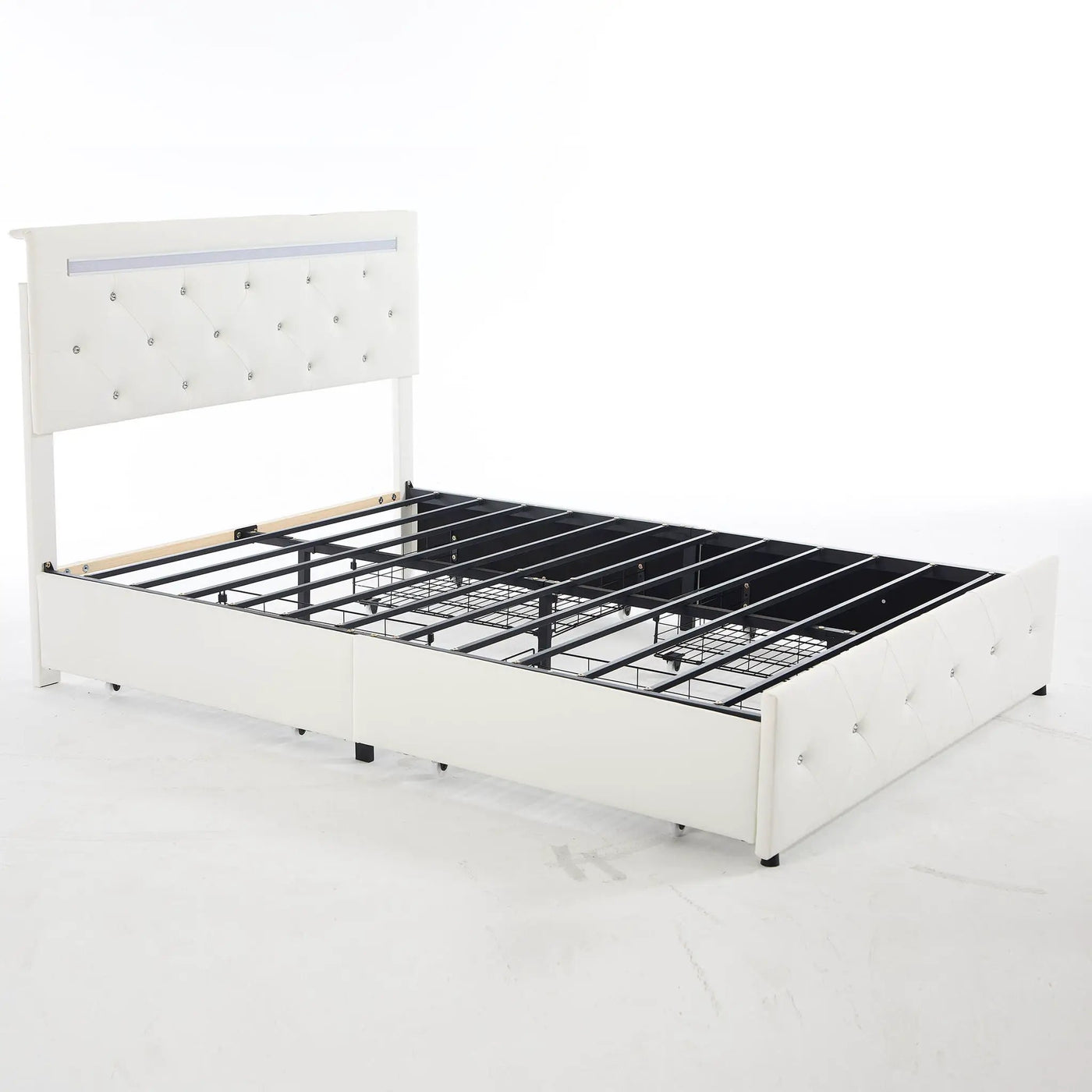 Upholstered Bed Frame With LED Lights, 4 Storage Drawers, Charging Station by HouseOfZazla