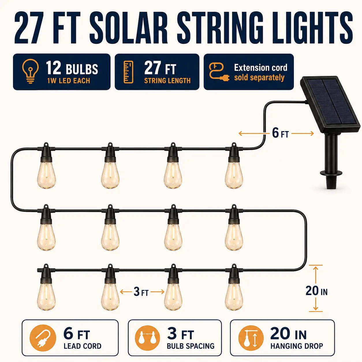 27F Solar Powered String Lights Waterproof LED Hanging Edison Bulb Lights with 12 Bulbs by Outdoor Solar Outlet