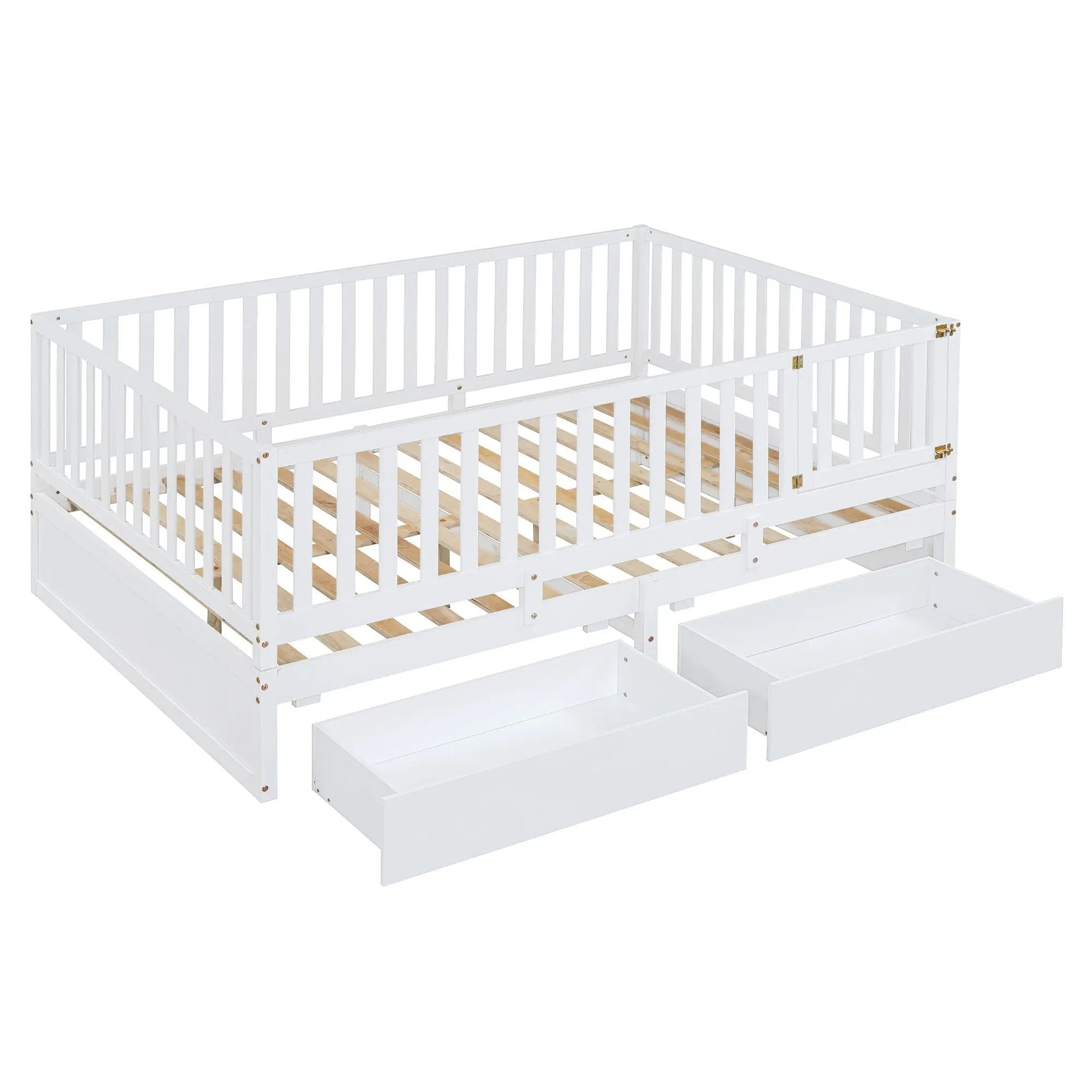 Daybed With Fence Guardrails And 2 Drawers, Split Into Independent Floor Bed & Daybed by HouseOfZazla