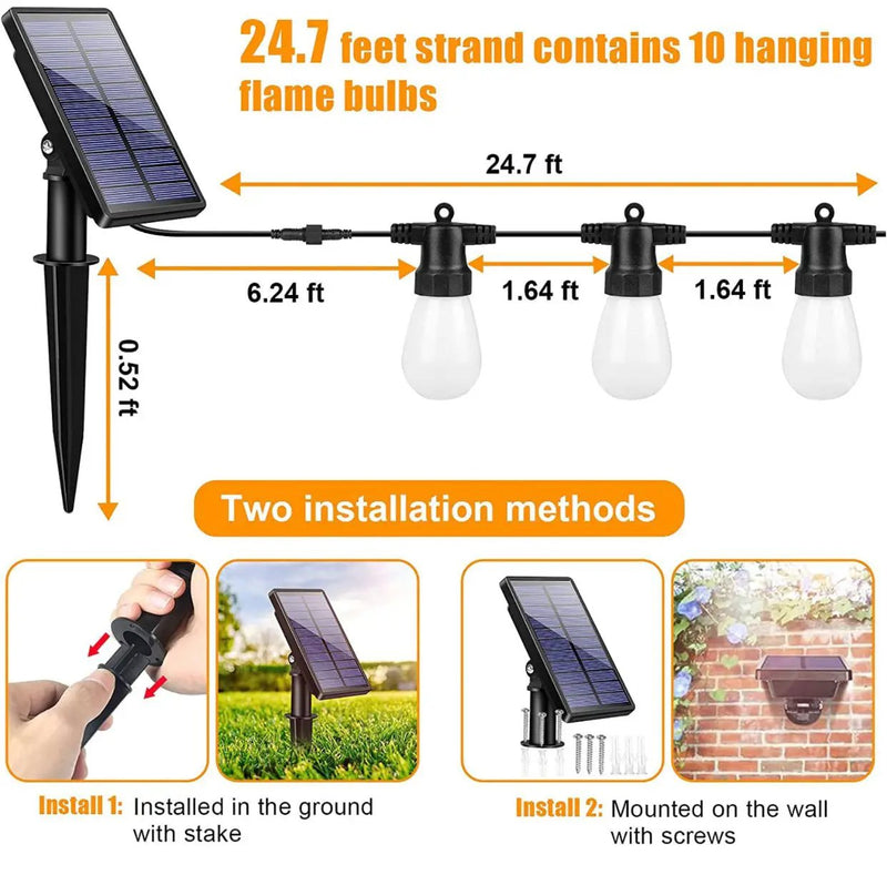 27Ft Solar Flickering LED Bulbs - Solar Panel Powered Hanging String Lights -12 Bulbs by Outdoor Solar Outlet