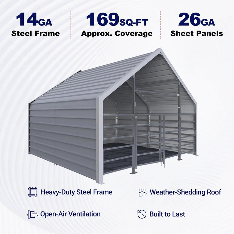 13ftx13ft Metal Livestock Shelter with Enclosed Rear Panel by Chery Industrial