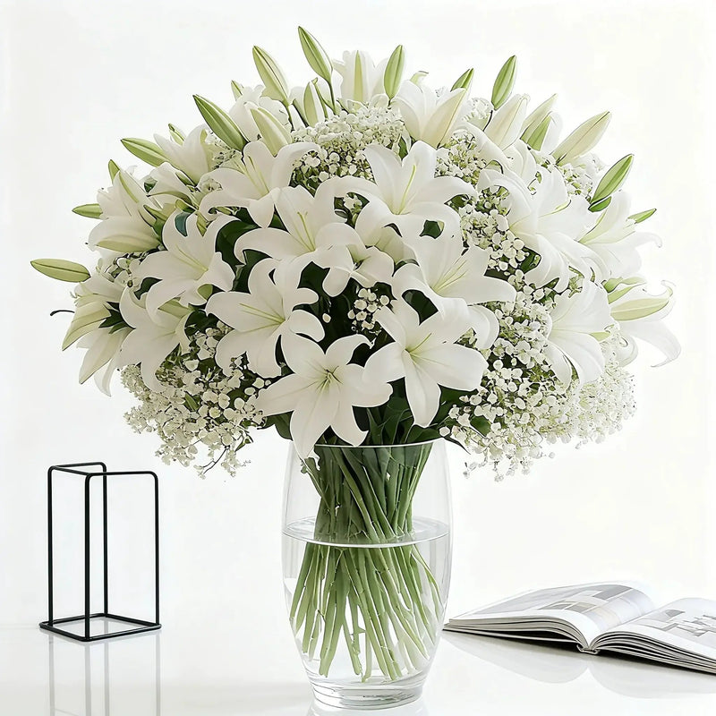 28 Artificial Flower Bouquets - Realistic White Lilies And 'S Breath (20 Lilies + 8 'S Breath) - Made of Plastic, Suitable for Weddings, Home, And Office Decoration, Maintenance-Free, Lifelike, Perfect for Floral Arrangements by House Of Avana
