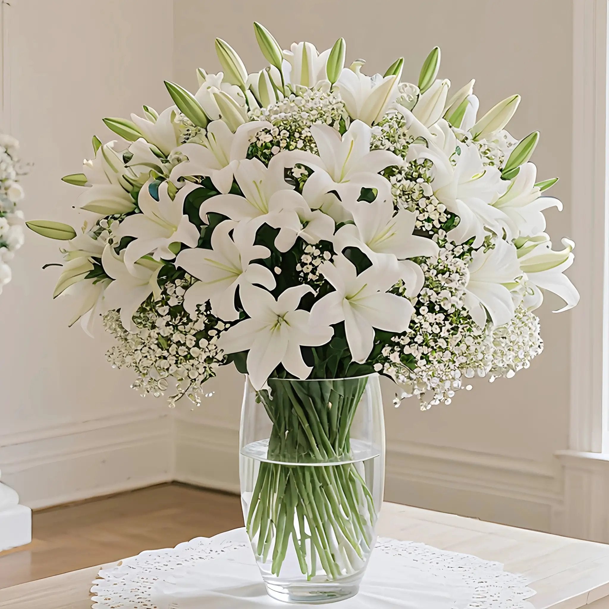 28 Artificial Flower Bouquets - Realistic White Lilies And 'S Breath (20 Lilies + 8 'S Breath) - Made of Plastic, Suitable for Weddings, Home, And Office Decoration, Maintenance-Free, Lifelike, Perfect for Floral Arrangements by House Of Avana