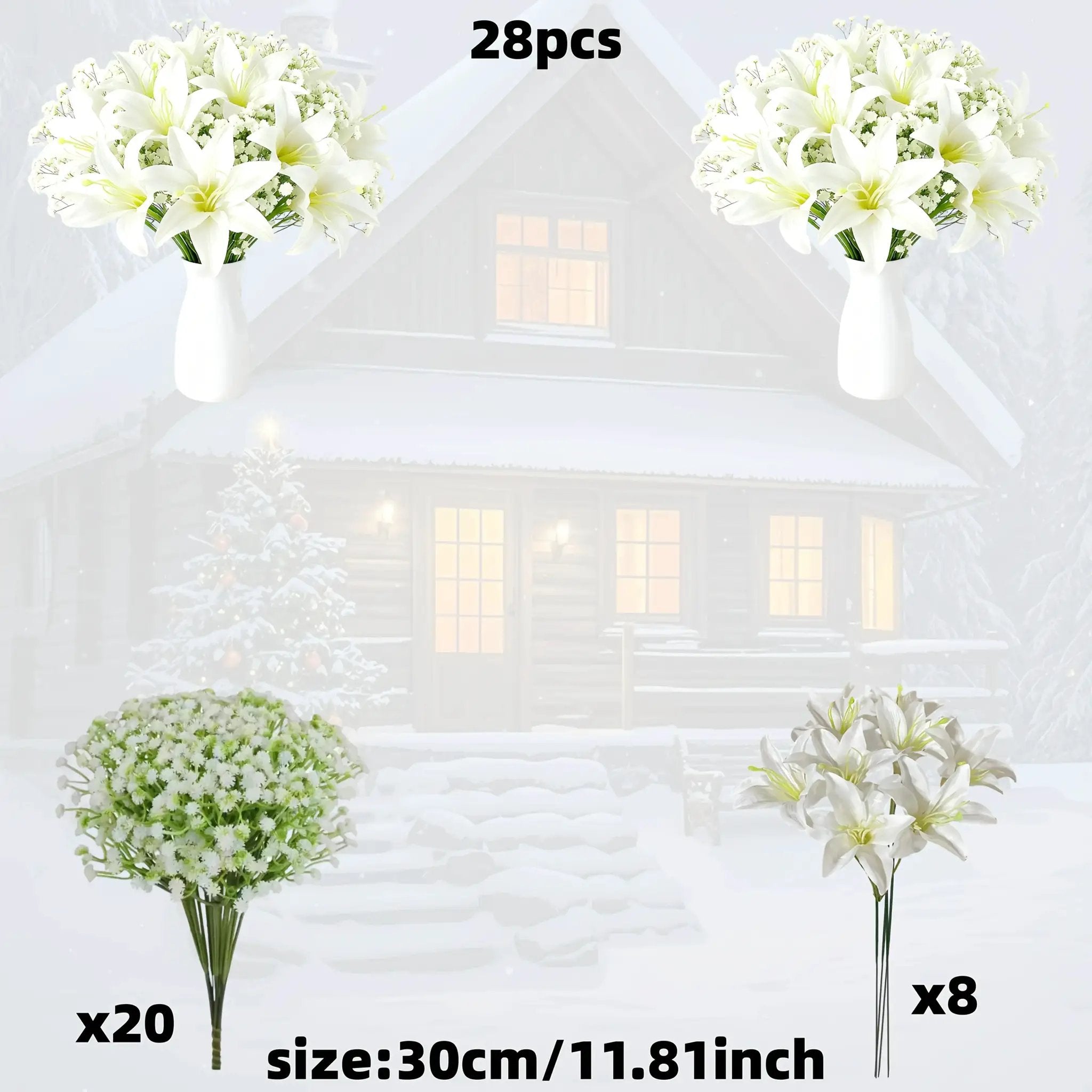 28 Artificial Flower Bouquets - Realistic White Lilies And 'S Breath (20 Lilies + 8 'S Breath) - Made of Plastic, Suitable for Weddings, Home, And Office Decoration, Maintenance-Free, Lifelike, Perfect for Floral Arrangements by House Of Avana