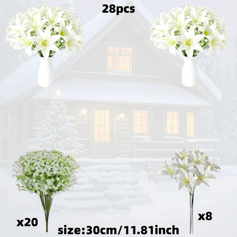 28 Artificial Flower Bouquets - Realistic White Lilies And 'S Breath (20 Lilies + 8 'S Breath) - Made of Plastic, Suitable for Weddings, Home, And Office Decoration, Maintenance-Free, Lifelike, Perfect for Floral Arrangements by House Of Avana