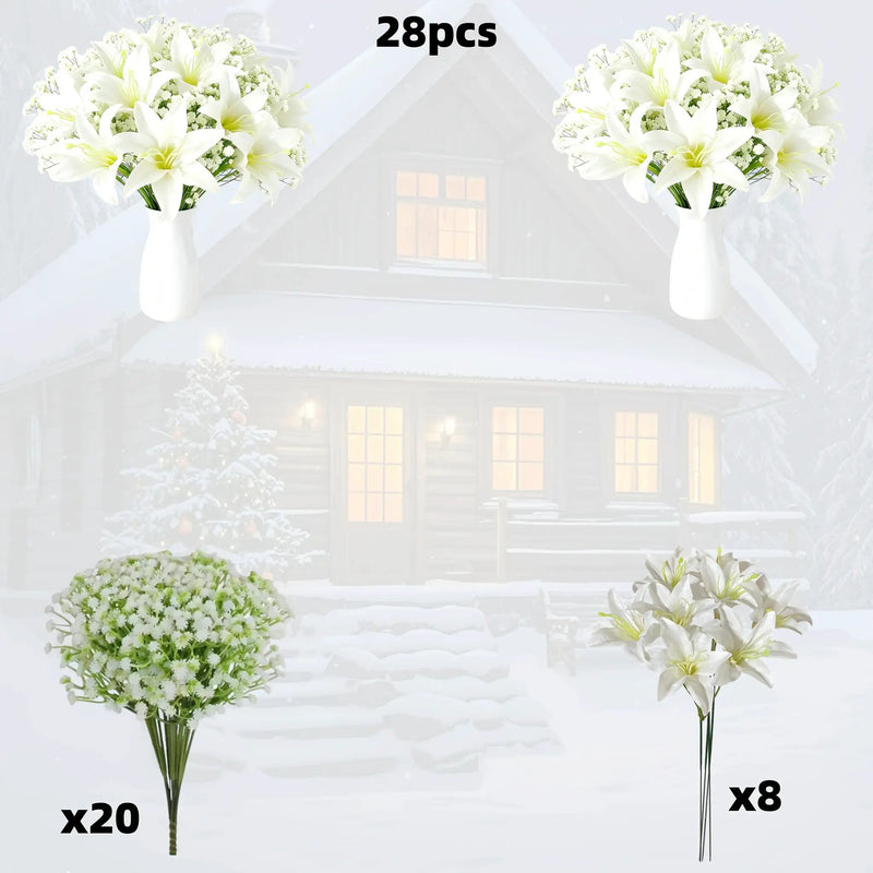 28 Artificial Flower Bouquets - Realistic White Lilies And 'S Breath (20 Lilies + 8 'S Breath) - Made of Plastic, Suitable for Weddings, Home, And Office Decoration, Maintenance-Free, Lifelike, Perfect for Floral Arrangements by House Of Avana