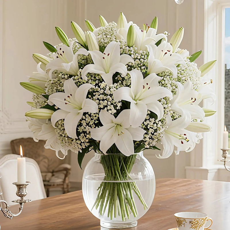 28 Artificial Flower Bouquets - Realistic White Lilies And 'S Breath (20 Lilies + 8 'S Breath) - Made of Plastic, Suitable for Weddings, Home, And Office Decoration, Maintenance-Free, Lifelike, Perfect for Floral Arrangements by House Of Avana