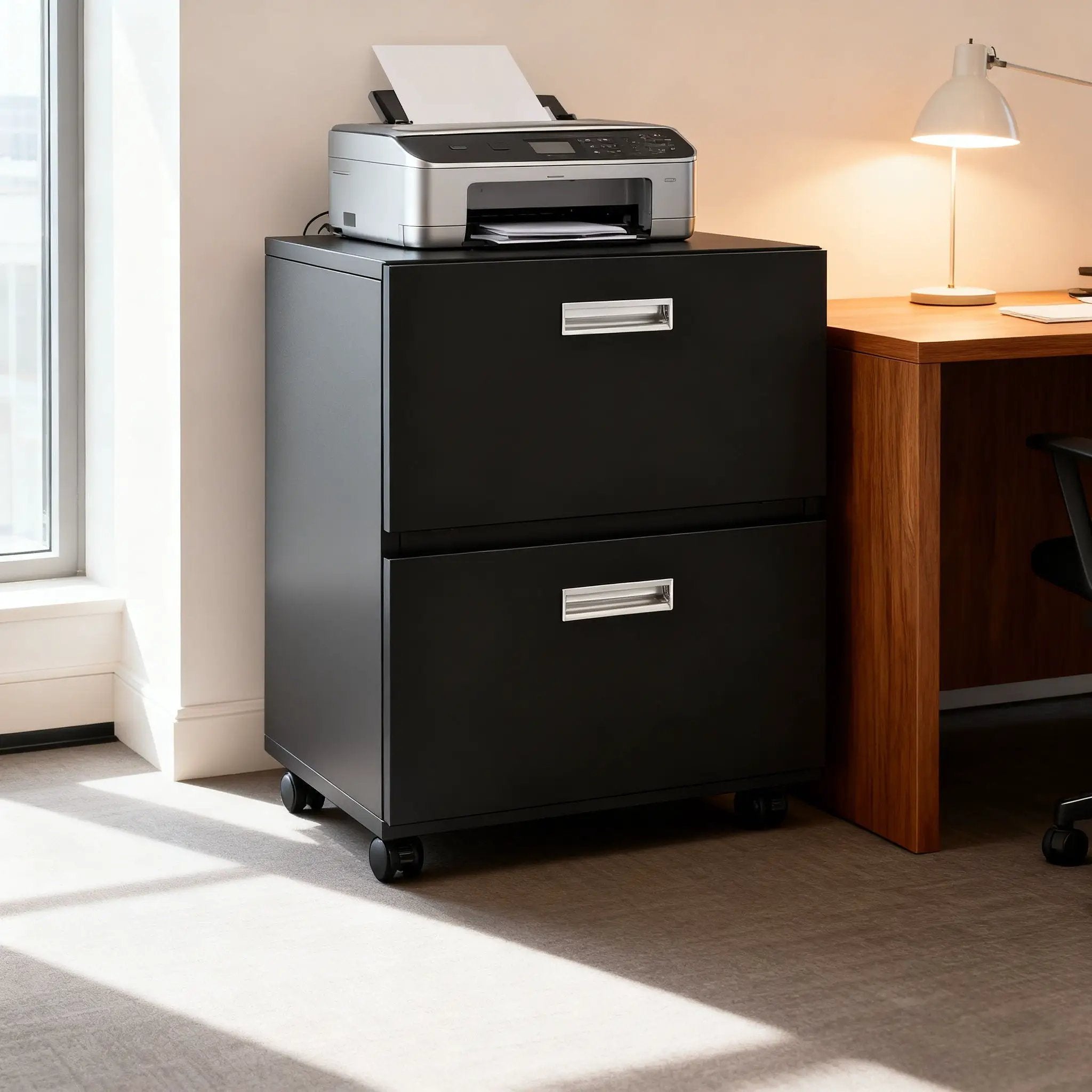 Office Furniture Copier Cabinet 2 Door Steel Copier Stand Mobile Pedestal File Printer Stand - Black by HouseOfZazla