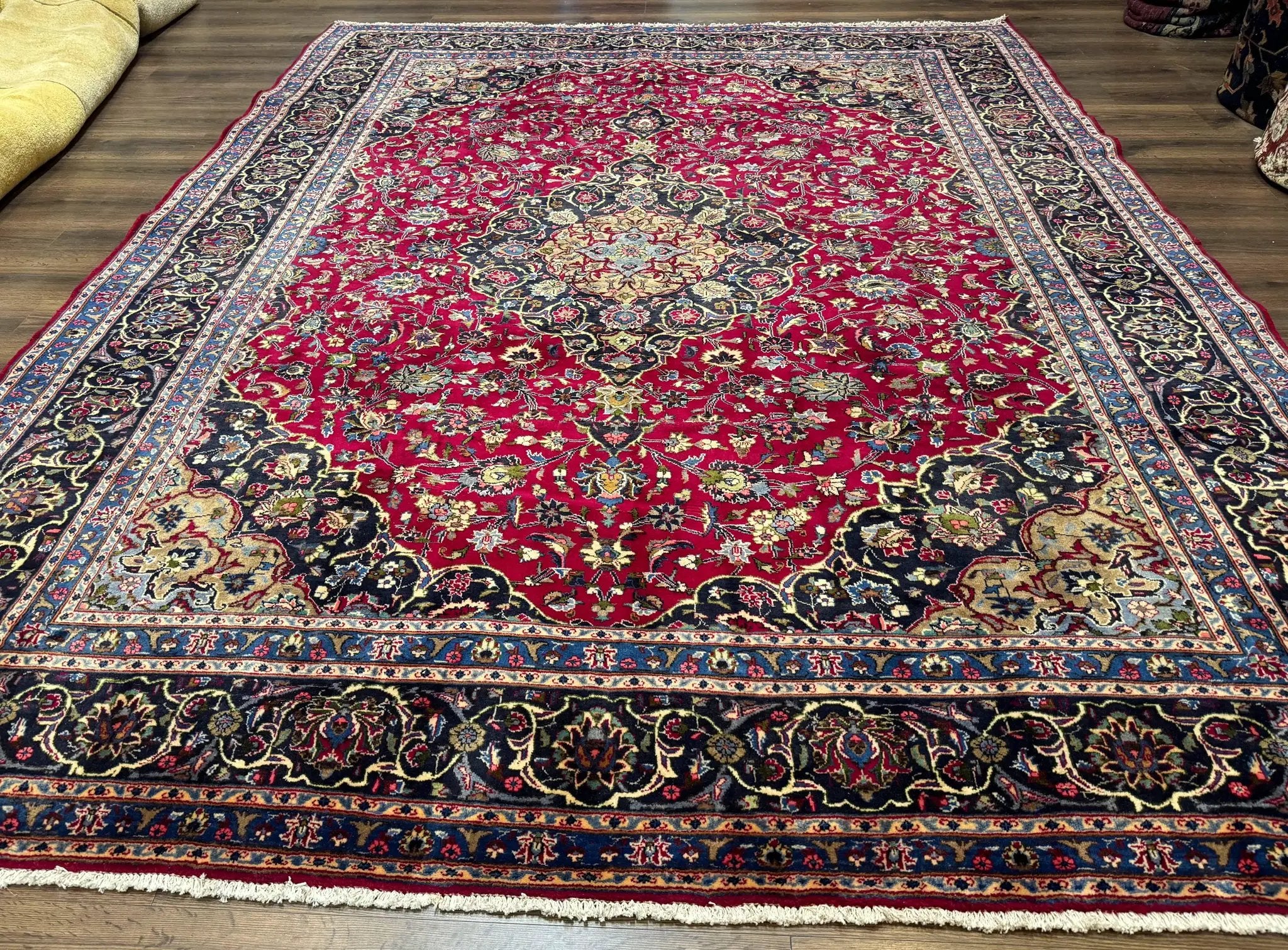 Traditional Persian Rug 8x11, Red Navy Blue, Floral Medallion, Antique Persian Mashad Carpet, Wool by Jewel Rugs