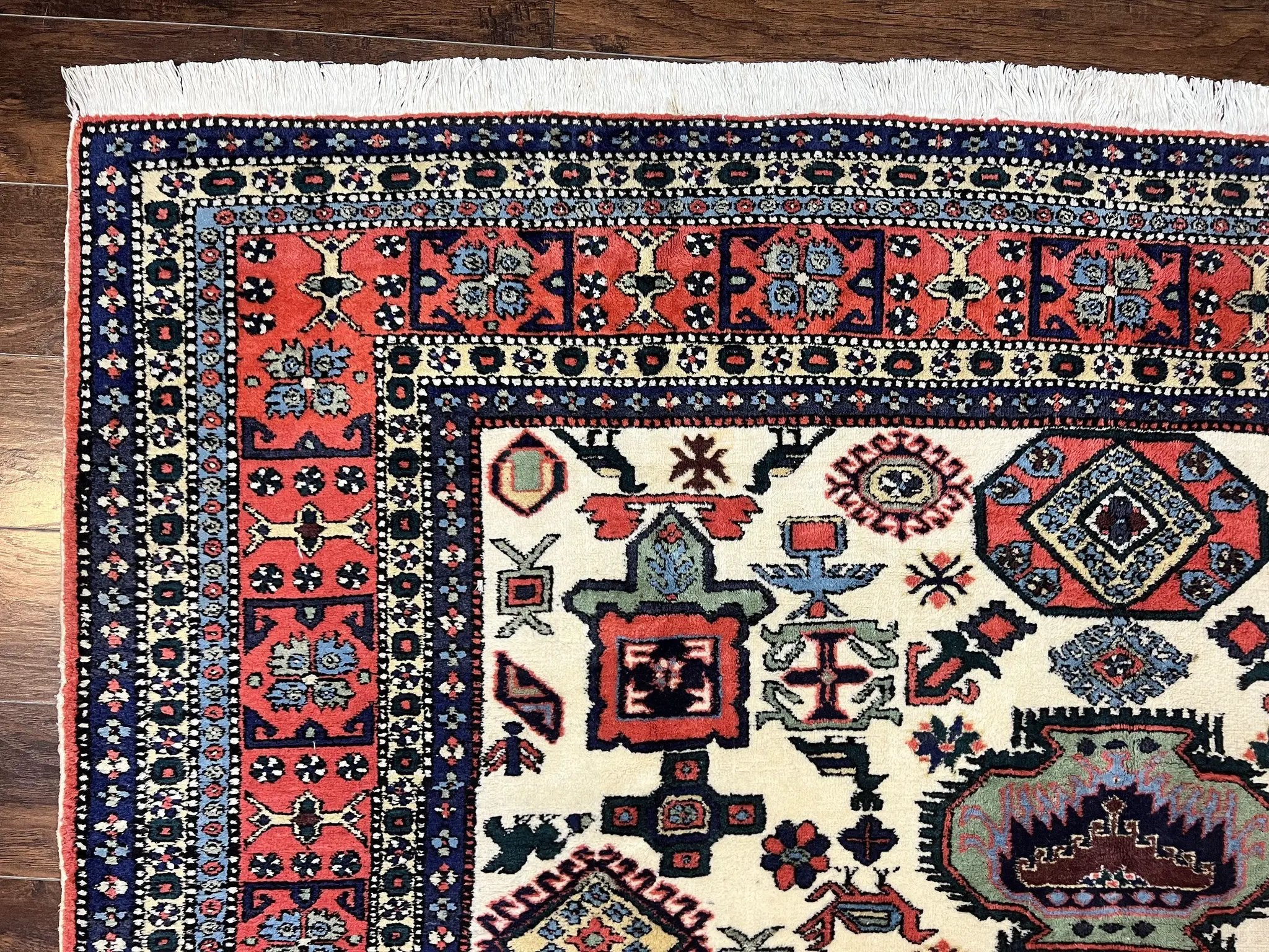 Persian Tribal Rug 8x11, Persian Ardabil Rug, Geometric Medallion Animal Pictorial Rug, Ivory Red Blue, Hand Knotted Vintage Wool Carpet by Jewel Rugs