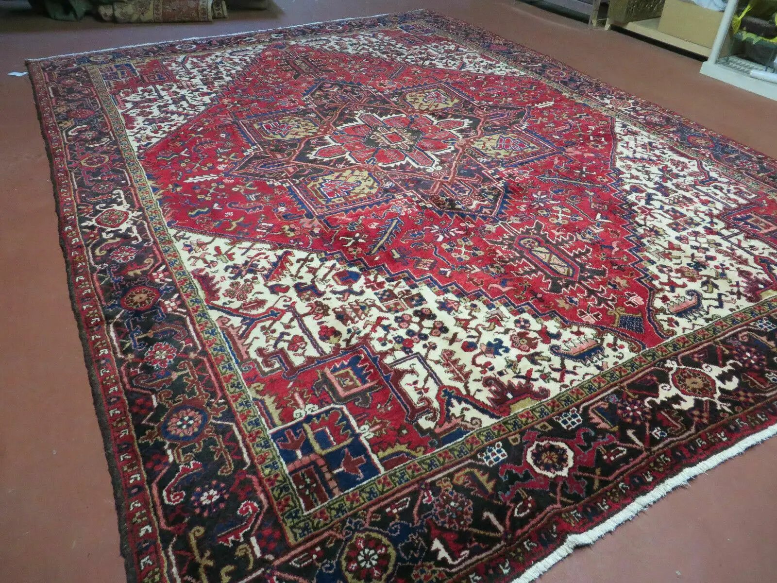 Wonderful Persian Heriz Rug 8.6 x 11, Geometric Heriz Carpet, Semi Antique Decorative Area Rug, Red Ivory Dark Blue Handmade Wool Room Sized by Jewel Rugs