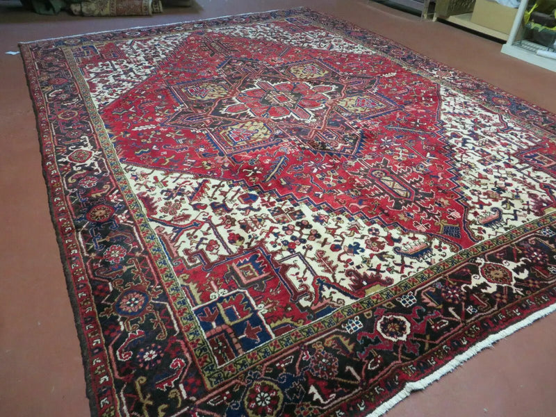 Wonderful Persian Heriz Rug 8.6 x 11, Geometric Heriz Carpet, Semi Antique Decorative Area Rug, Red Ivory Dark Blue Handmade Wool Room Sized by Jewel Rugs