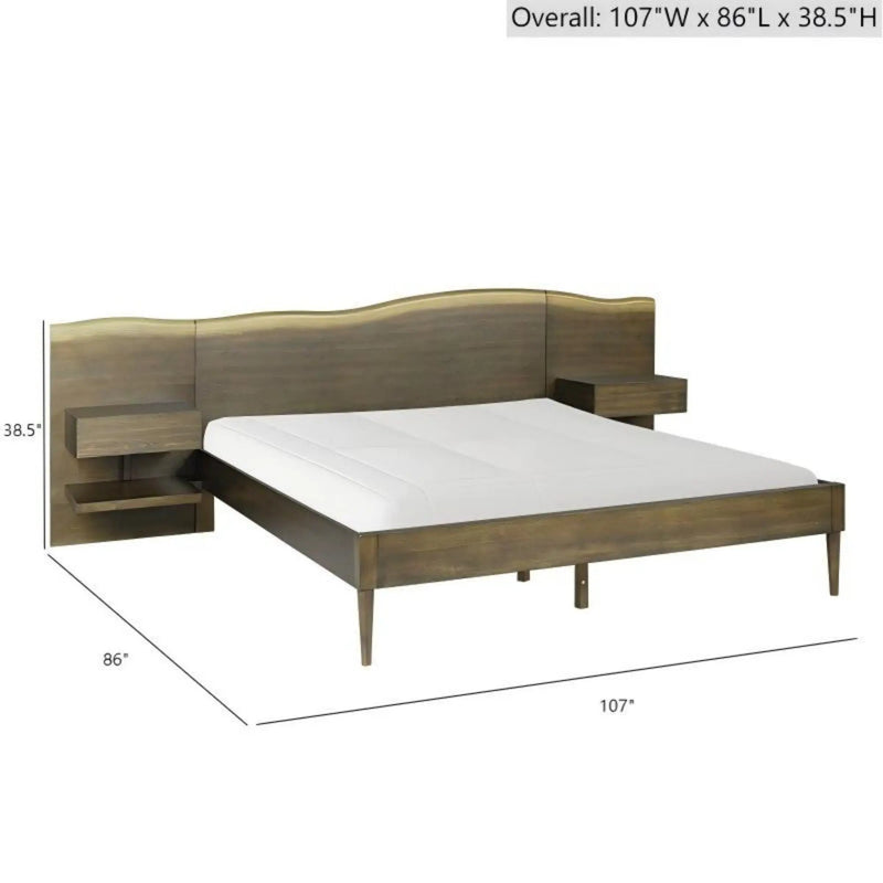 Queen Size Platform Bed Frame With Live Edge Headboard, Built In Nightstands - Dark Brown by HouseOfZazla