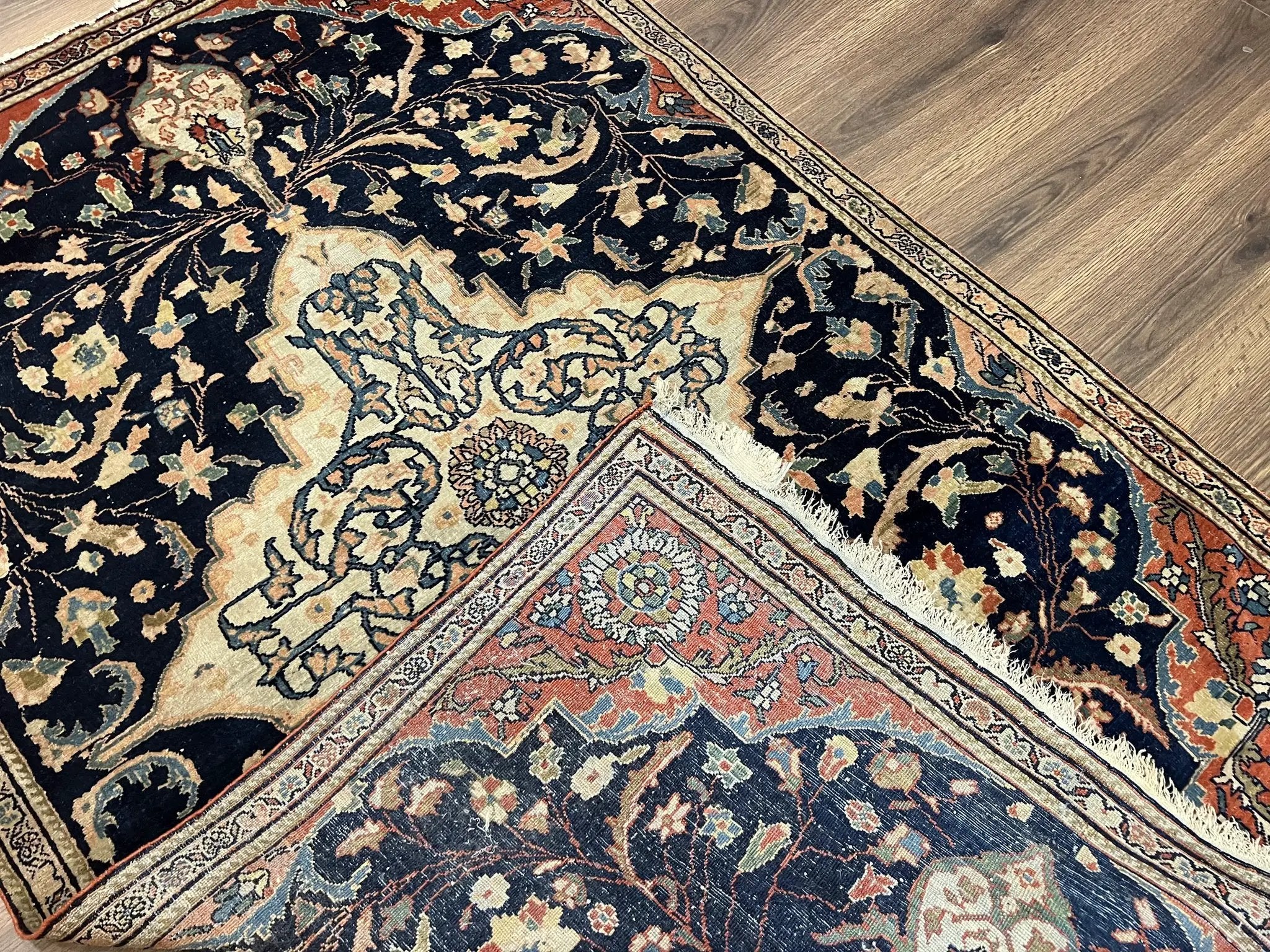 Antique Persian Rug 3.5 x 5, Sarouk Farahan Rug, High Quality 1920s Fine Oriental Carpet 3 x 5 ft, Large Medallion, Floral, Navy Blue Red, Hand Knotted Wool Rug by Jewel Rugs