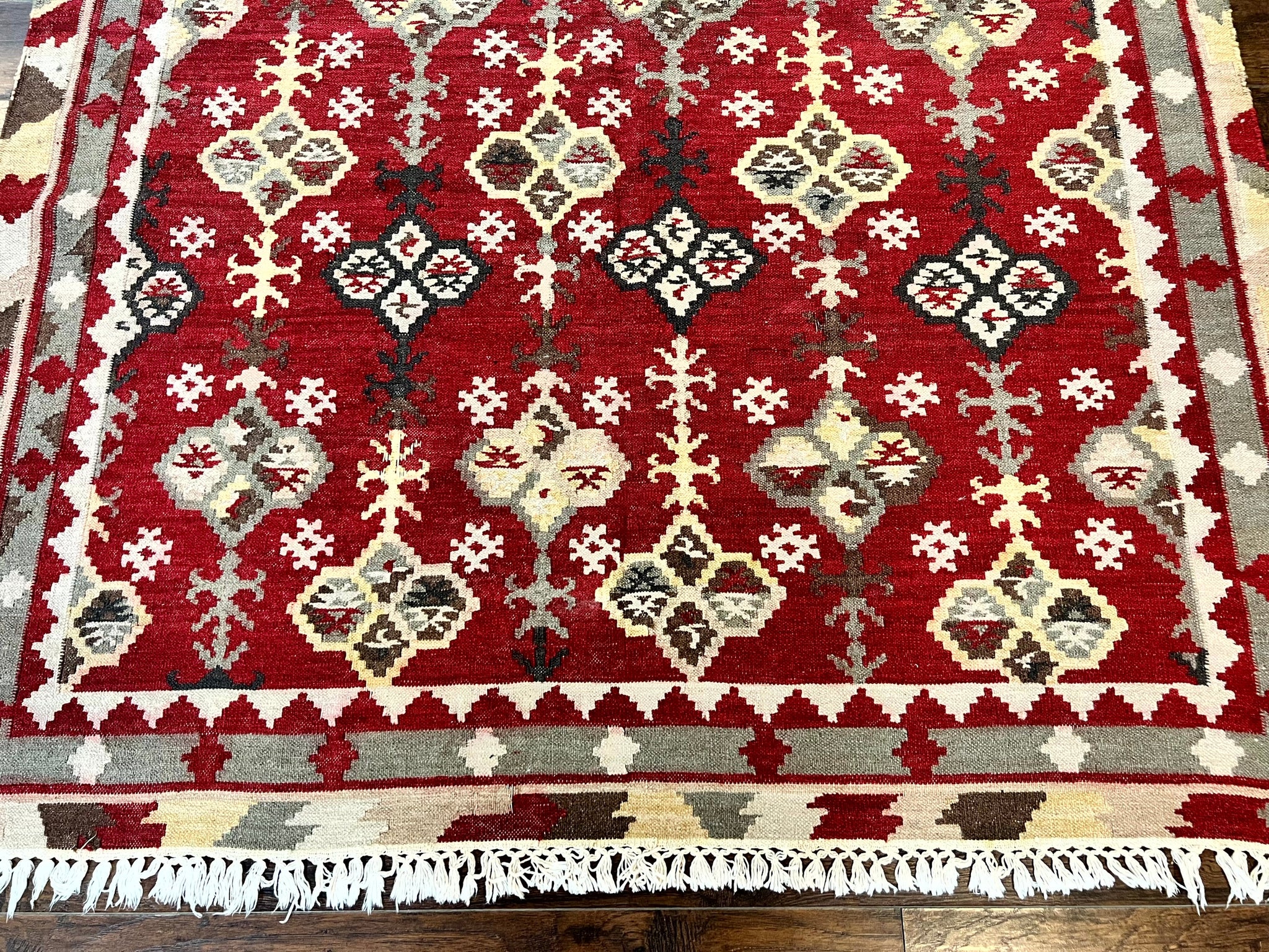 Indian Kilim Rug 6x6, Square Kilim Flatweave Carpet, Vintage Handmade Wool Rug, Red by Jewel Rugs