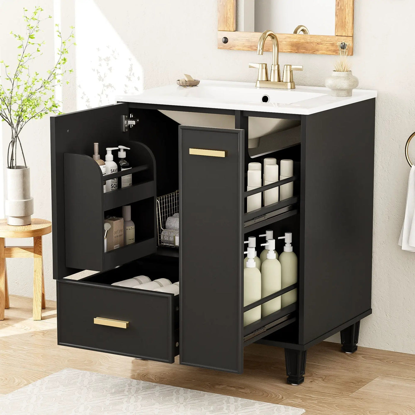 Bathroom Vanity With Sink, Deep Drawer, Door Shelf, 2 Tier Basket by HouseOfZazla