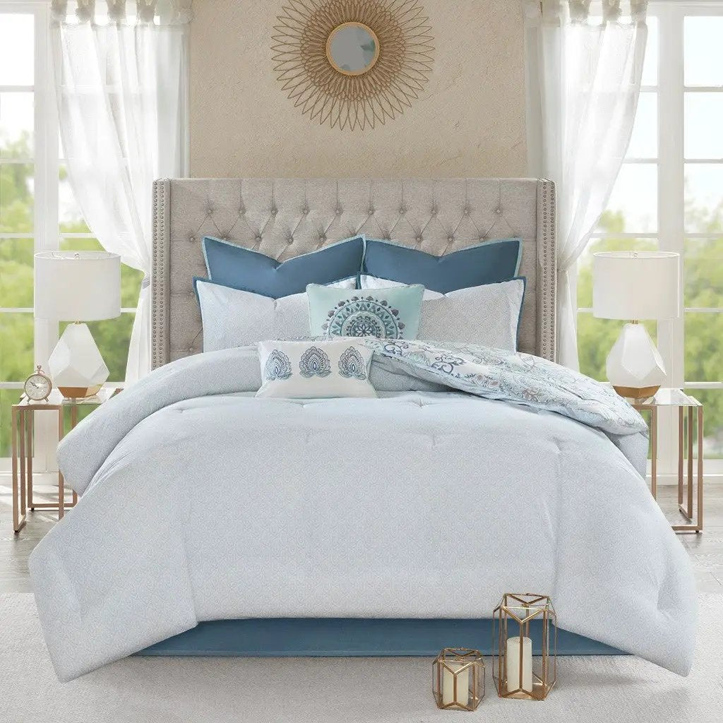 8 Piece Cotton Floral Printed Reversible Comforter Set Blue by HouseOfZazla