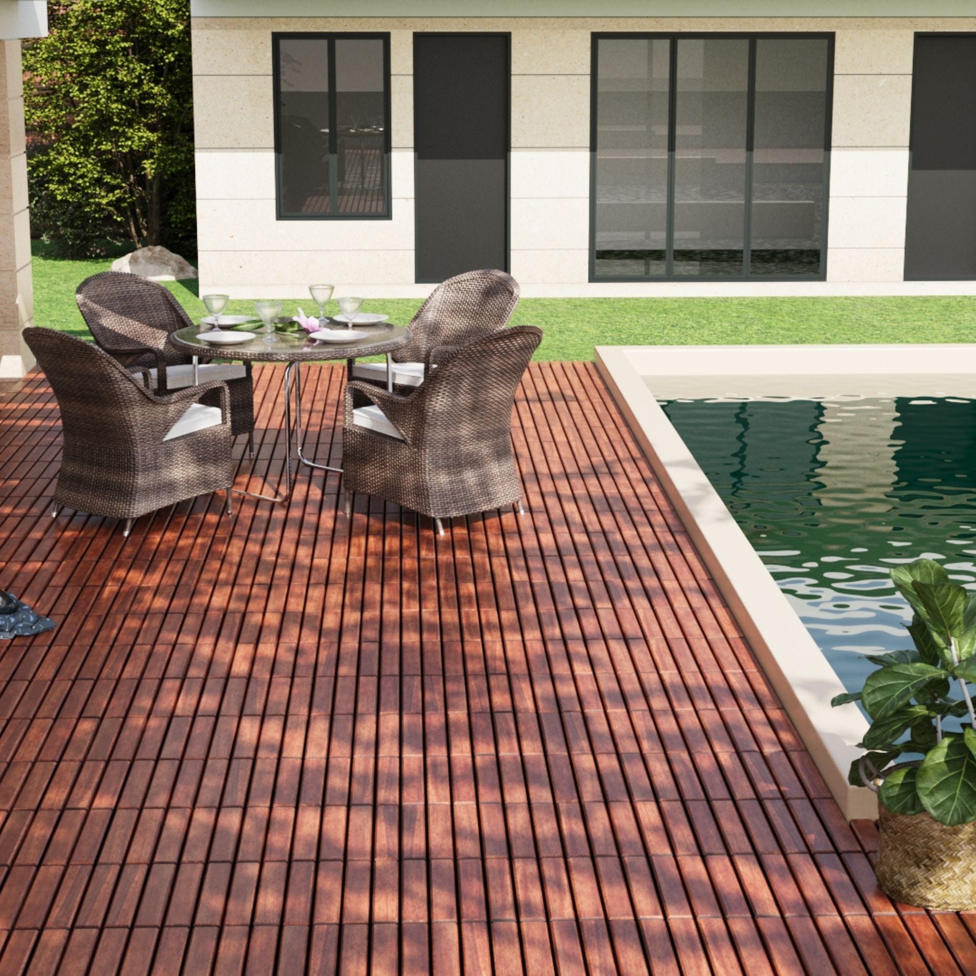 Interlocking Deck Tiles Striped Pattern, Square Acacia Hardwood Outdoor Flooring For Patio, Bancony, Pool Side by HouseOfZazla