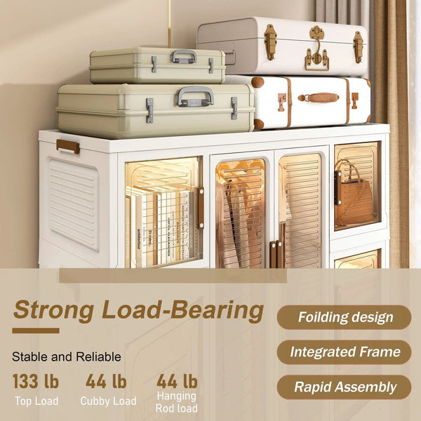 Portable Wardrobe Closet Storage Organizer For Clothes With Magnetic Doors, 12 Cubes & 2 Hanging Rods - White, photo 2 of 7