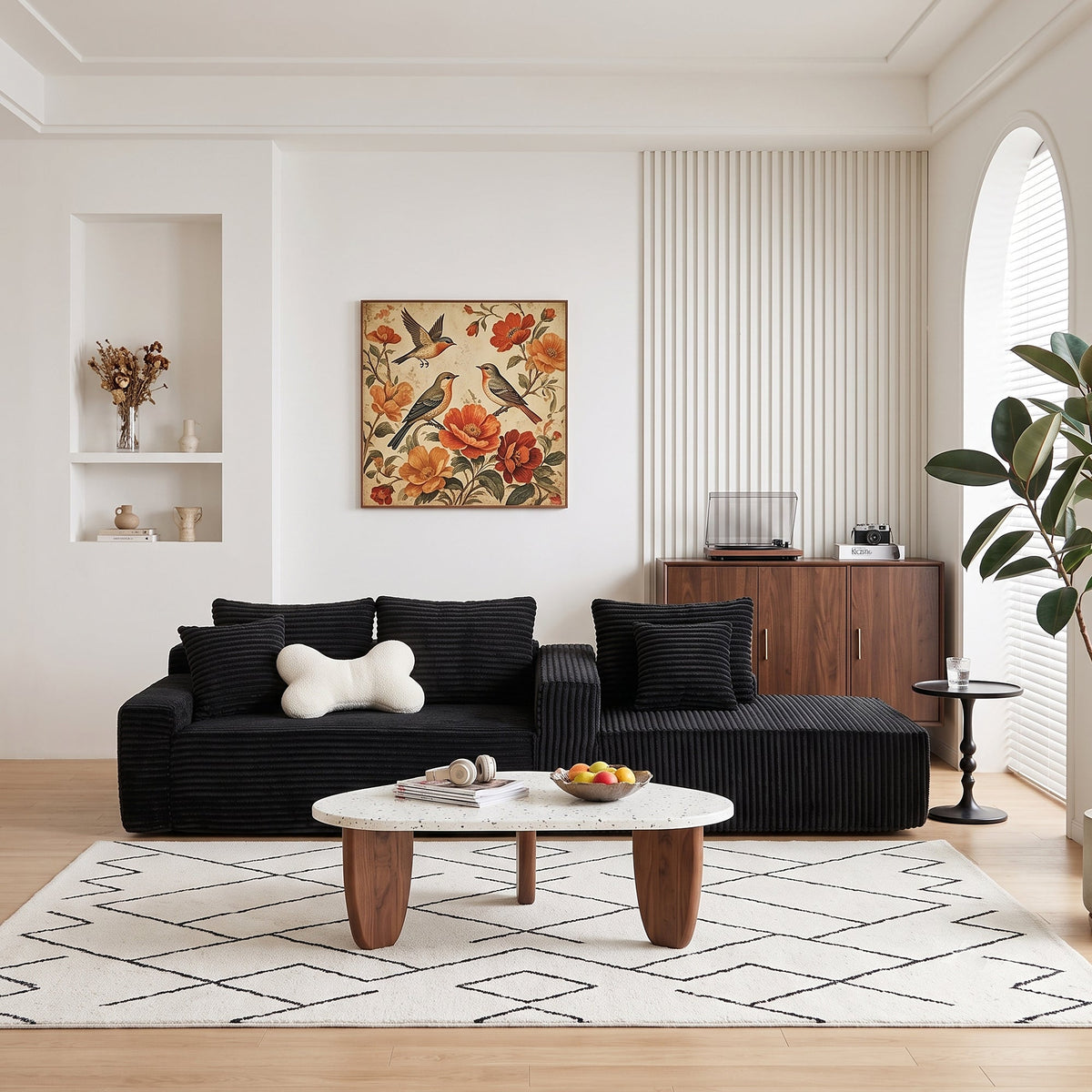Black Corduroy L Shaped Sectional Sofa with Right Chaise - 94 Inch, photo 2 of 9