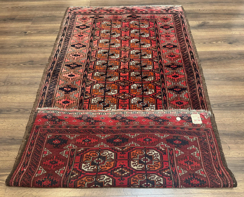 Antique Turkoman Rug 3.7 x 6.7, Red, Wool Runner Rug by Jewel Rugs