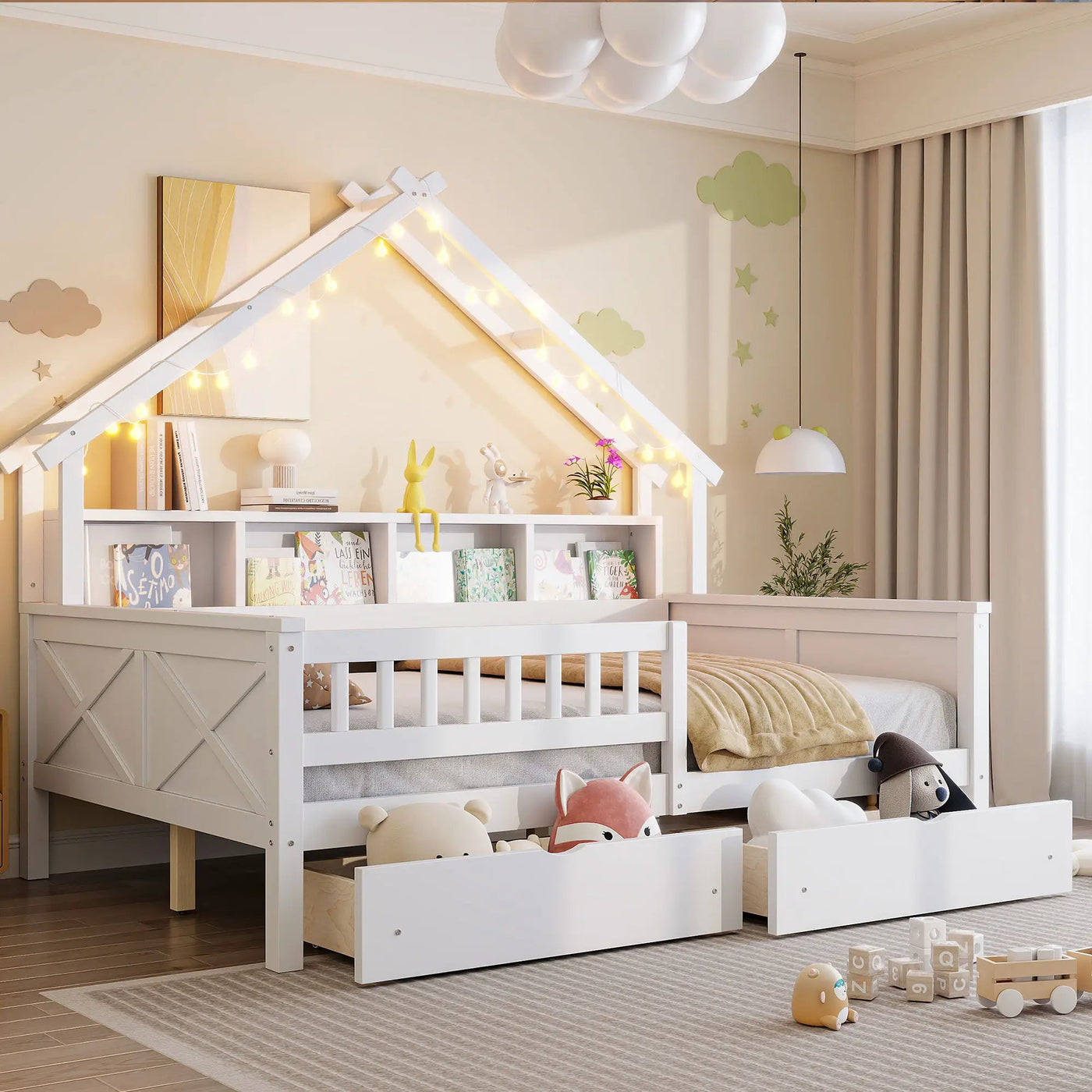 House Style Platform Bed With LED Lights, Storage Shelves, Drawers, And Guardrail by HouseOfZazla