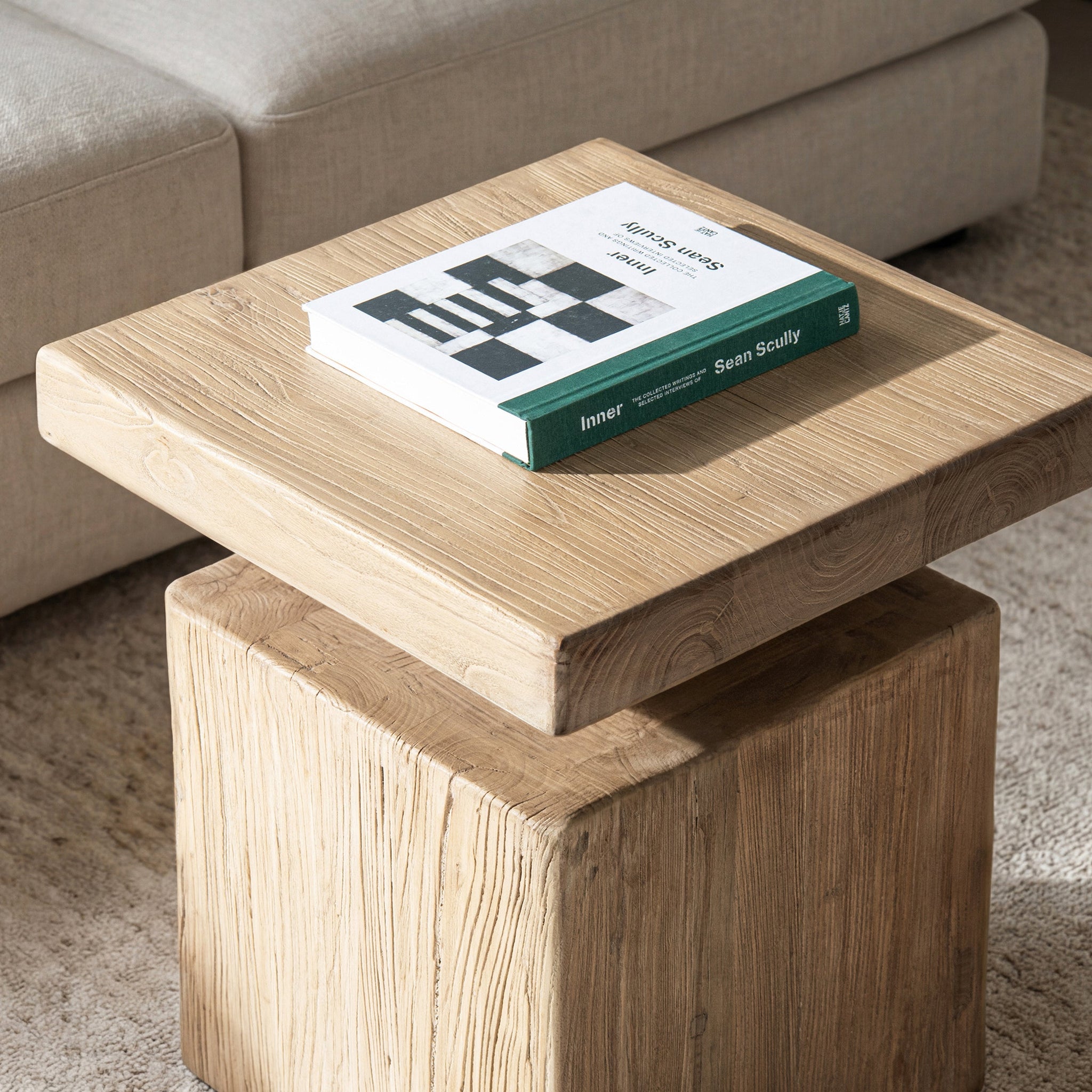 Calder 18' Solid Square Reclaimed Elm Block Plinth Side Table, Heritage Light Natural Brown by HouseOfZazla