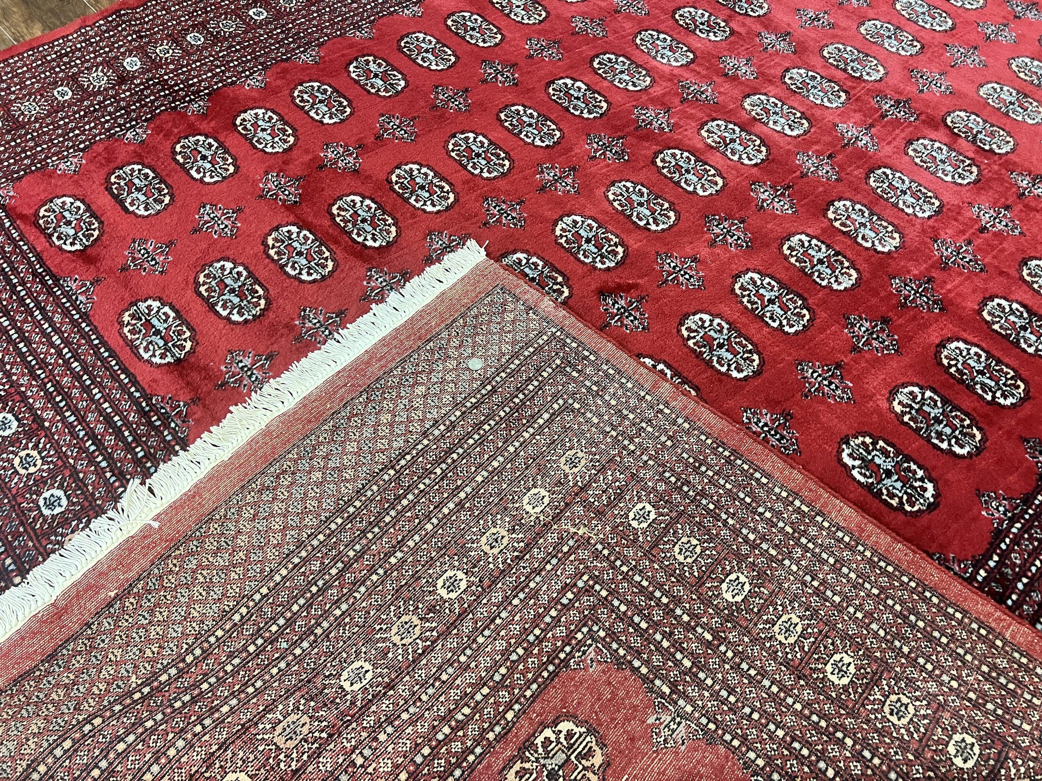 Turkoman Rug 8 x 11.6, Red Bokhara Pakistani Carpet, Wool Handmade Vintage Rug by Jewel Rugs
