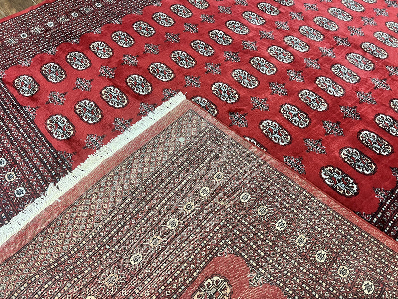 Turkoman Rug 8 x 11.6, Red Bokhara Pakistani Carpet, Wool Handmade Vintage Rug by Jewel Rugs