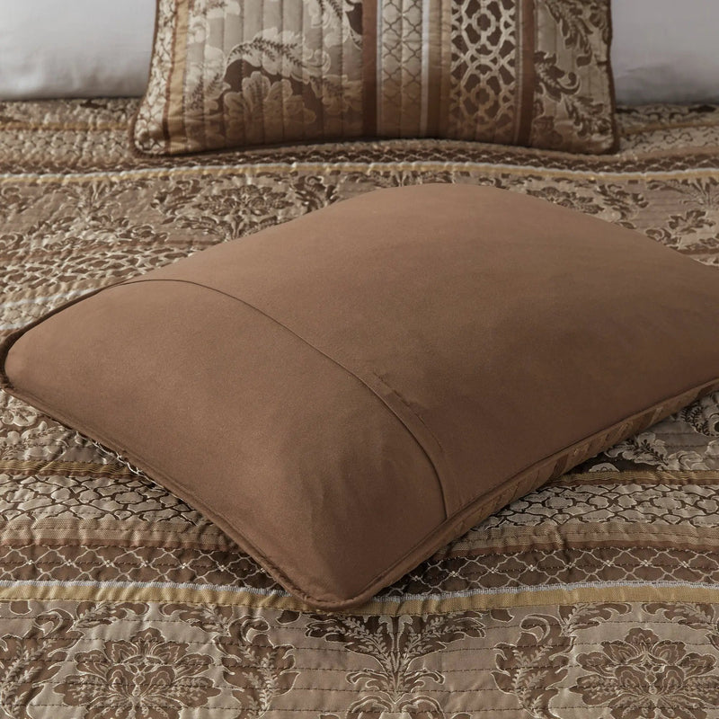 6 Piece Jacquard Quilt Set with Throw Pillows – Brown/Gold King/Cal King by HouseOfZazla