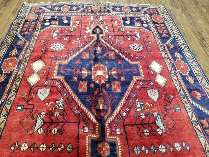 Antique Persian Zanjan Nahavand Heriz Rug, Red & Blue, Hand-Knotted, 5' x 9' 7" by Jewel Rugs