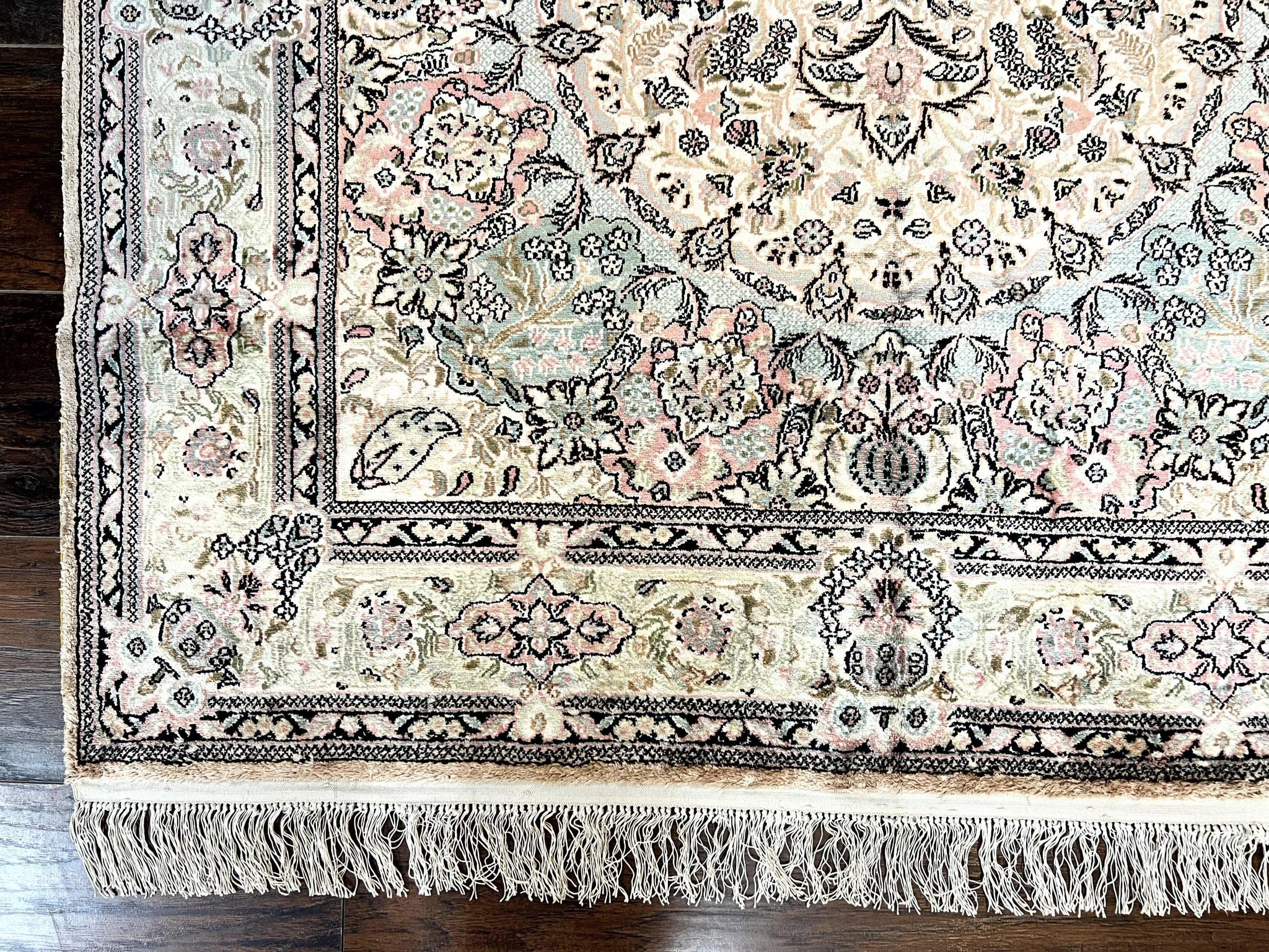 Silk Indian Kashmiri Rug 4x6, Handmade, Ivory, Fine 240 KPSI by Jewel Rugs