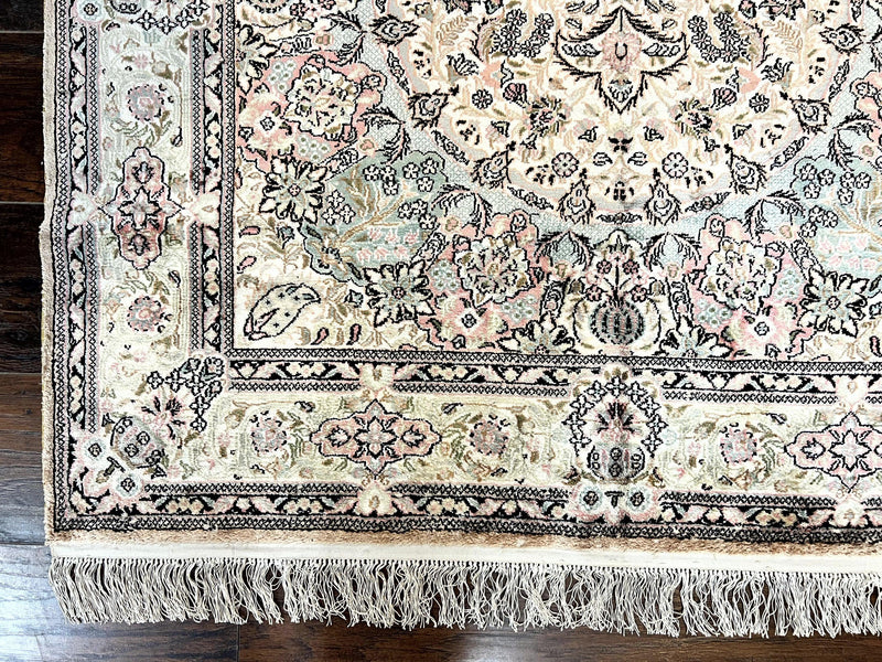 Silk Indian Kashmiri Rug 4x6, Handmade, Ivory, Fine 240 KPSI by Jewel Rugs