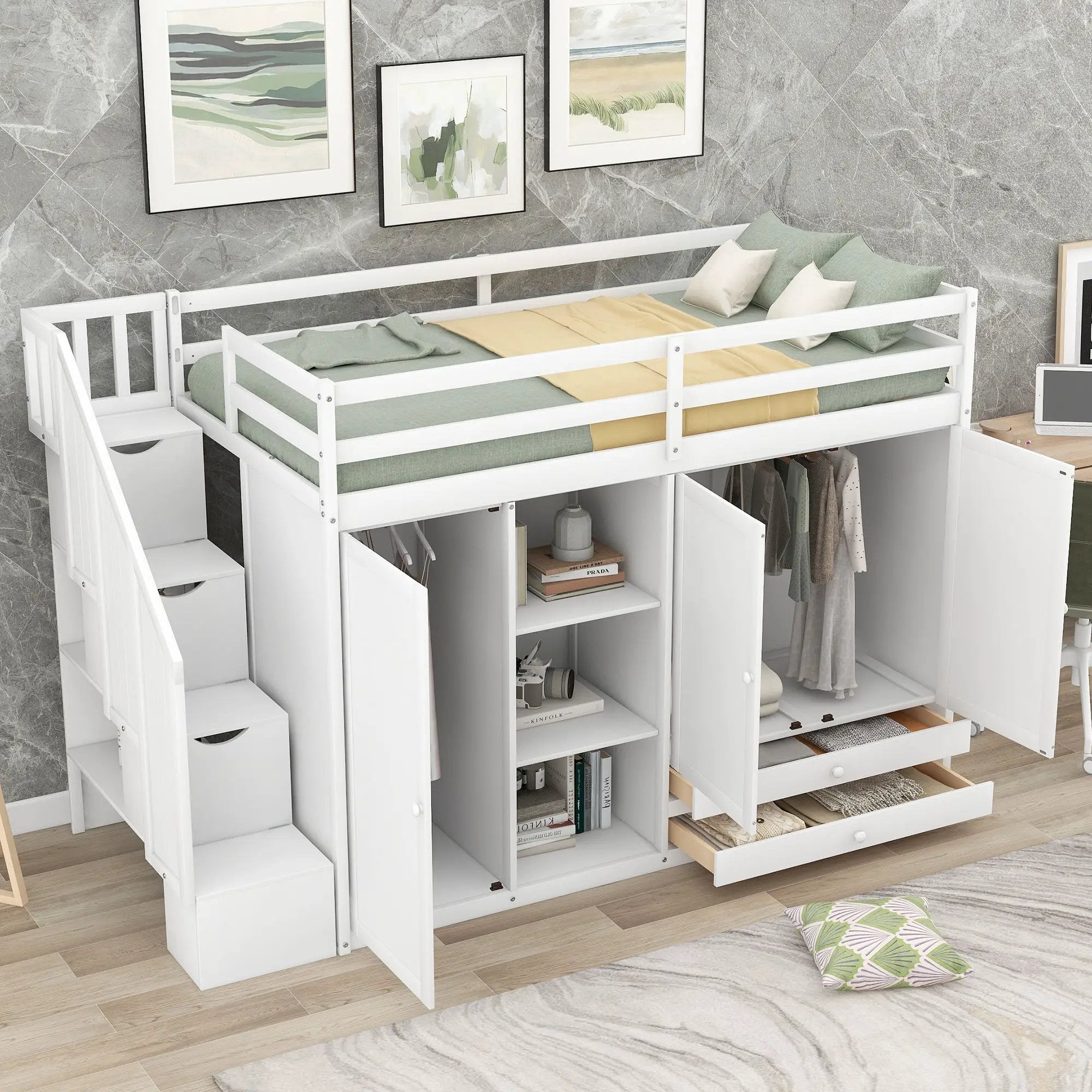 Loft Bed With 3 Shelves, 2 Wardrobes, 2 Drawers, Ladder Storage by Unique Piece Furniture