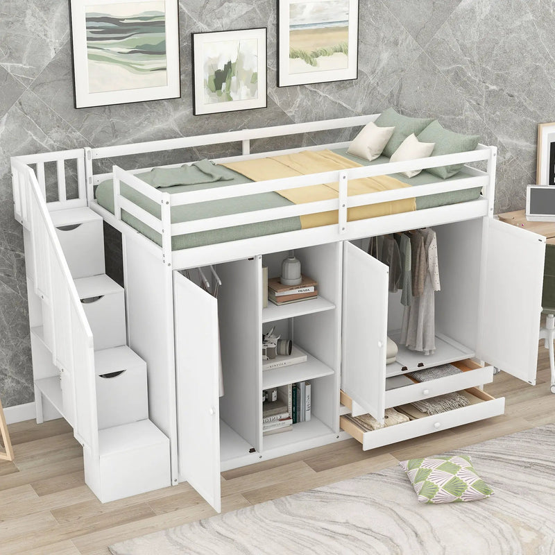 Loft Bed With 3 Shelves, 2 Wardrobes, 2 Drawers, Ladder Storage by HouseOfZazla