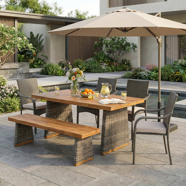 6 Pcs Outdoor Acacia Wood Dining Set with PE Rattan Stacking Chair