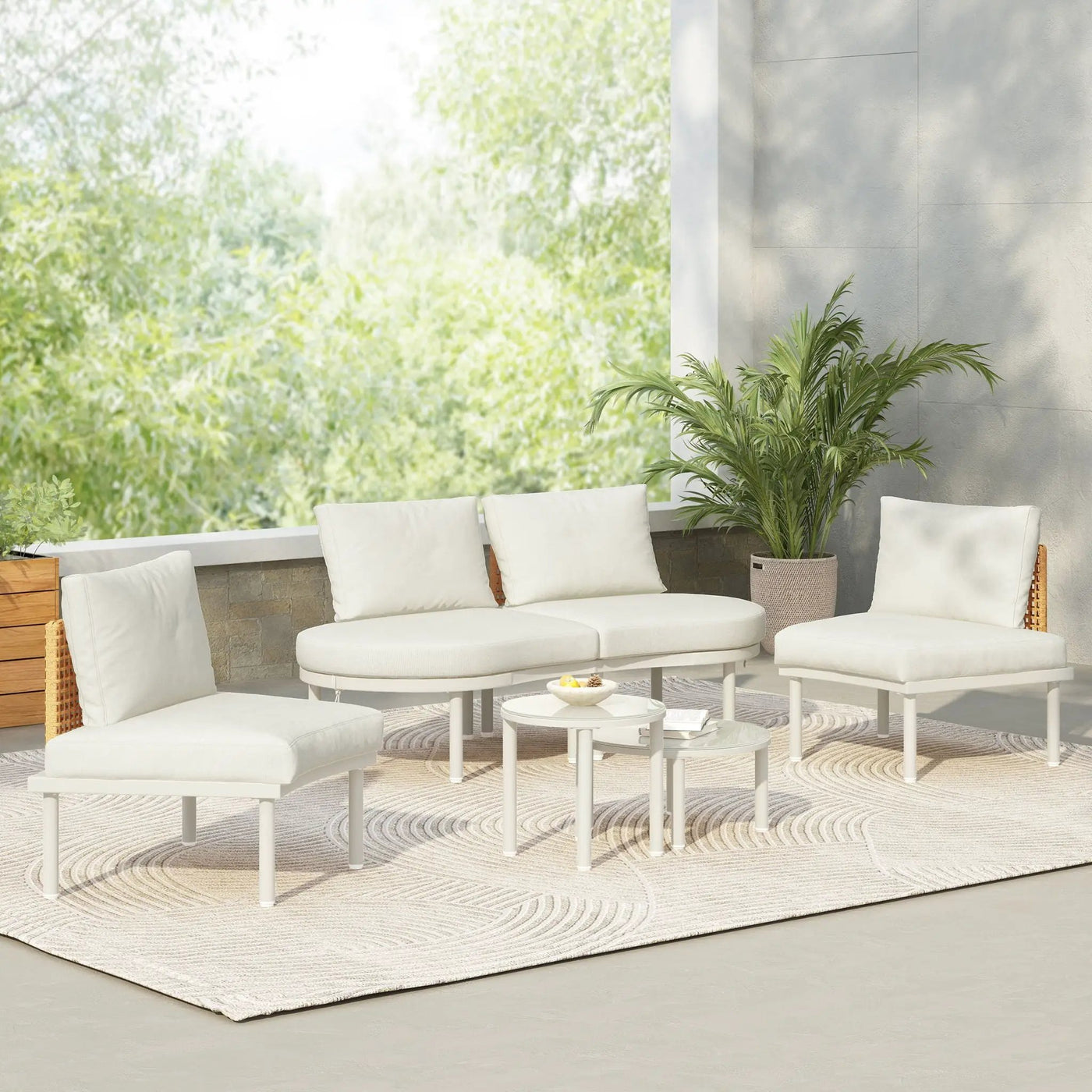 6 Piece Patio Set, Half Moon Outdoor Sectional Sofa With 2 High Low Coffee Tables, 4 Pillows & Cushions by HouseOfZazla