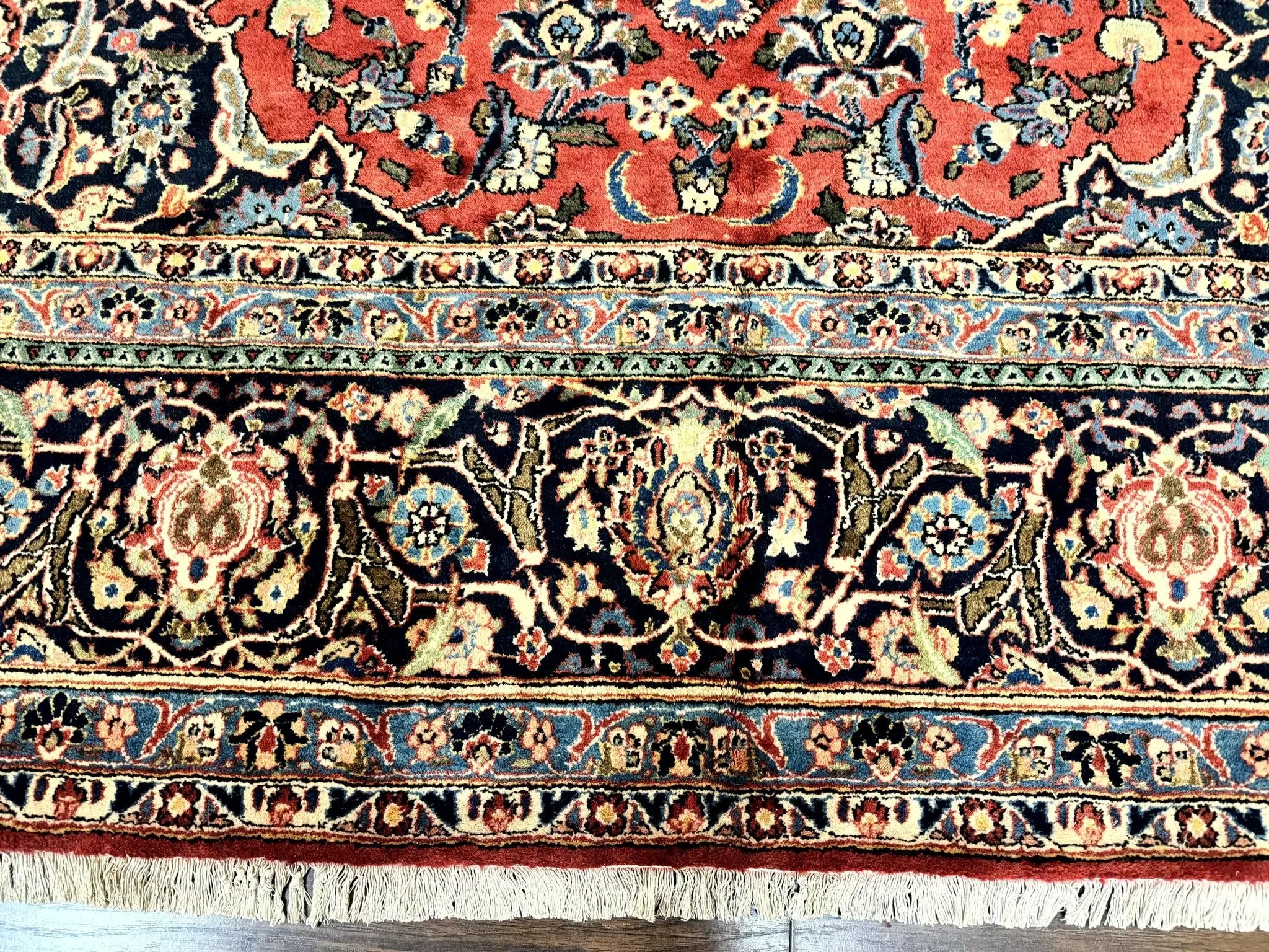 Red Persian Kashan Rug 10x14, Hand-Knotted Semi Antique Floral Medallion Handmade Wool Carpet, Red & Navy Blue by Jewel Rugs