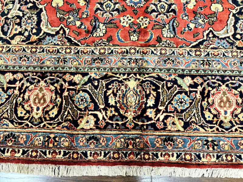Red Persian Kashan Rug 10x14, Hand-Knotted Semi Antique Floral Medallion Handmade Wool Carpet, Red & Navy Blue by Jewel Rugs