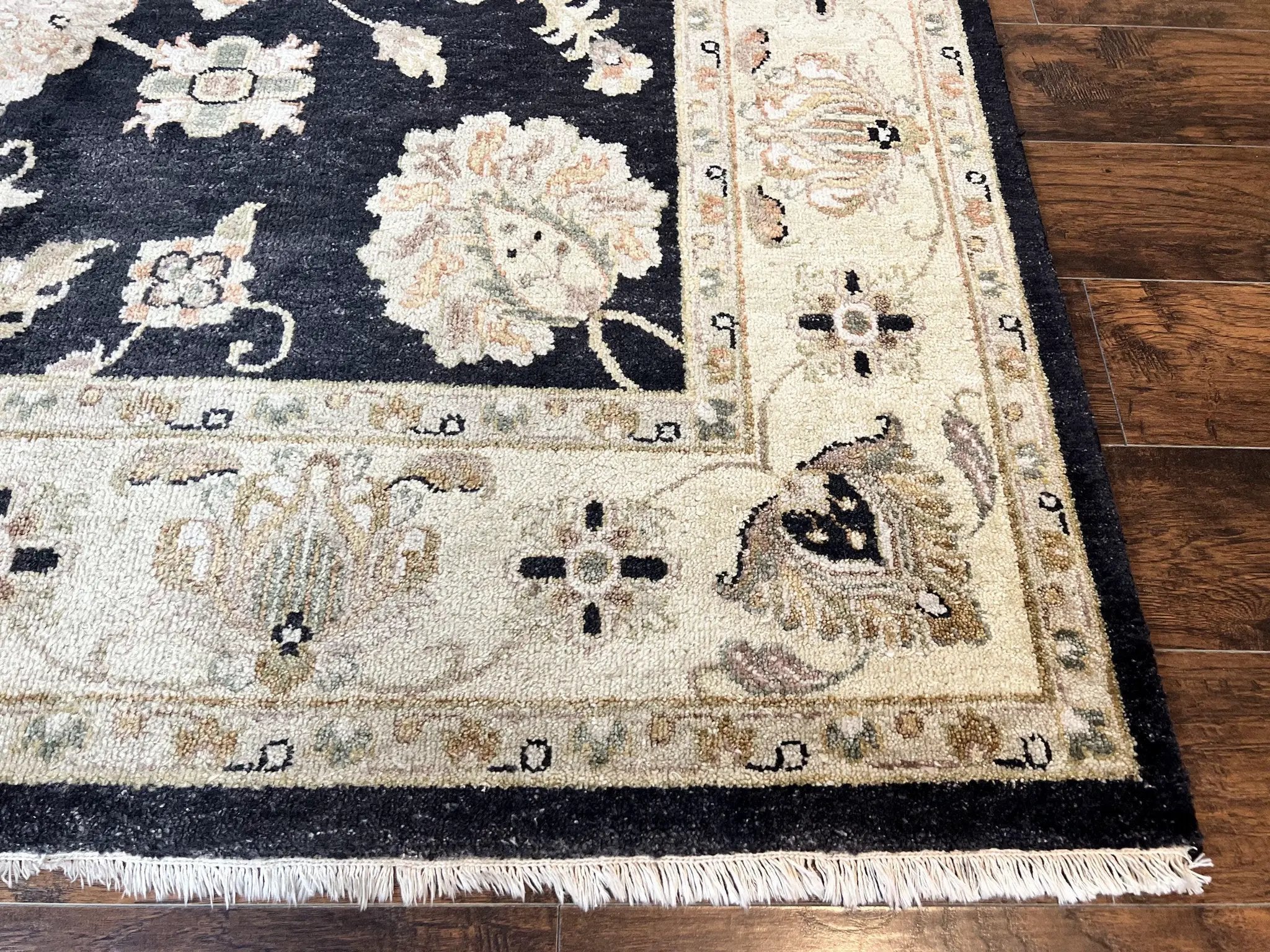 Indo Mahal Rug 8x10, Black and Beige, Vintage Rug 8 x 10 ft, Floral, Handmade Wool Carpet by Jewel Rugs