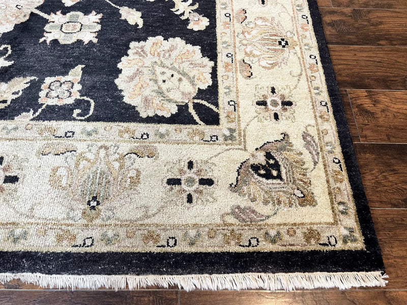 Indo Mahal Rug 8x10, Black and Beige, Vintage Rug 8 x 10 ft, Floral, Handmade Wool Carpet by Jewel Rugs