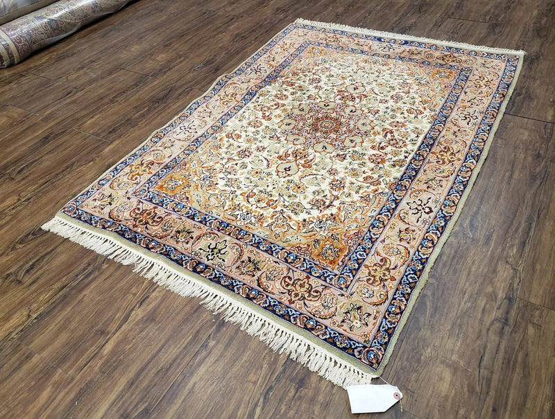 Vintage Persian Isfahan Lachak Toranj Rug, Highly Detailed, Kork Wool on Silk Foundation, Beige and Dark Blue, Hand-Knotted, 3'6" x 5' 4" by Jewel Rugs