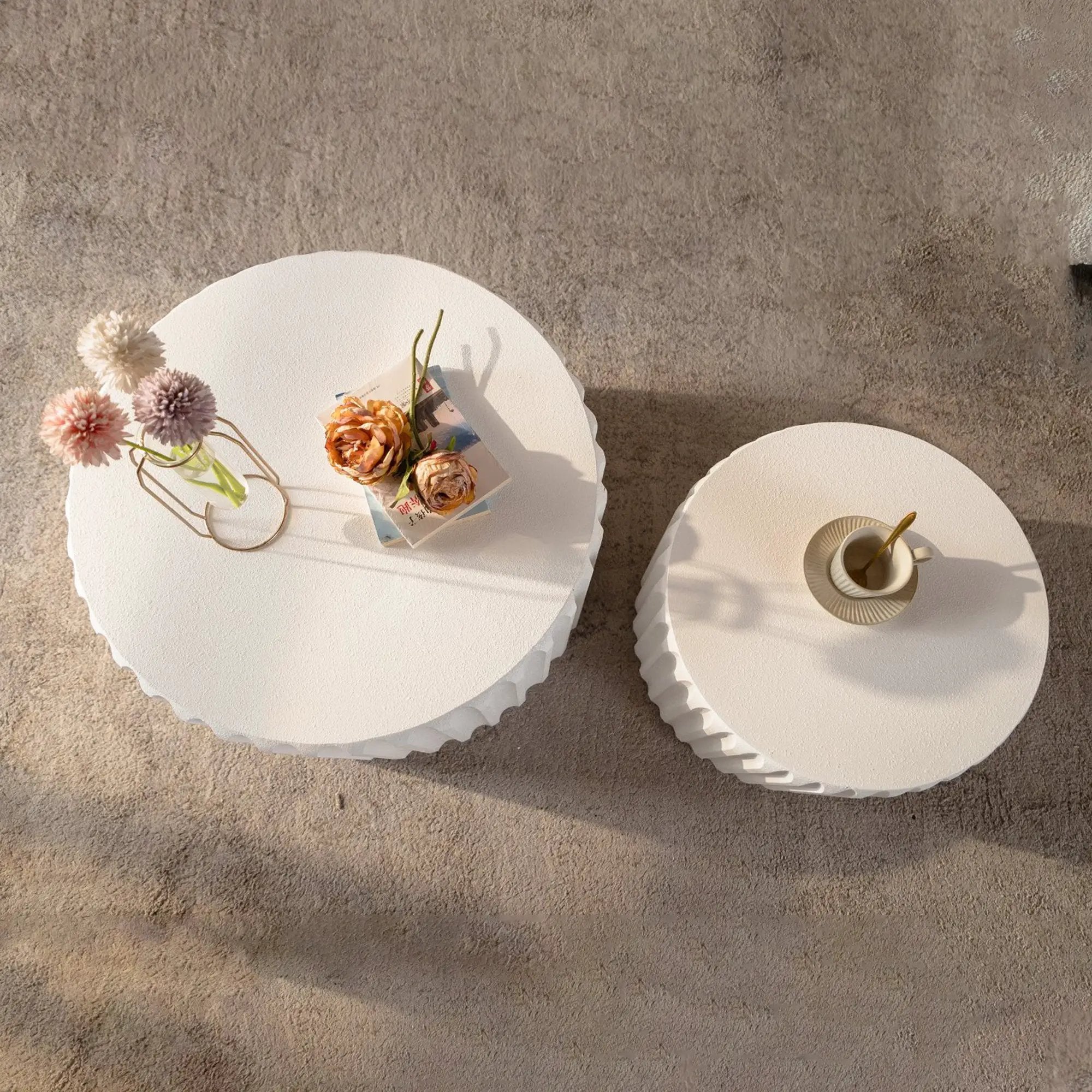 White Scalloped Round Coffee Table Set: Nesting Design, Elegant Curved-Edge Shape by HouseOfZazla