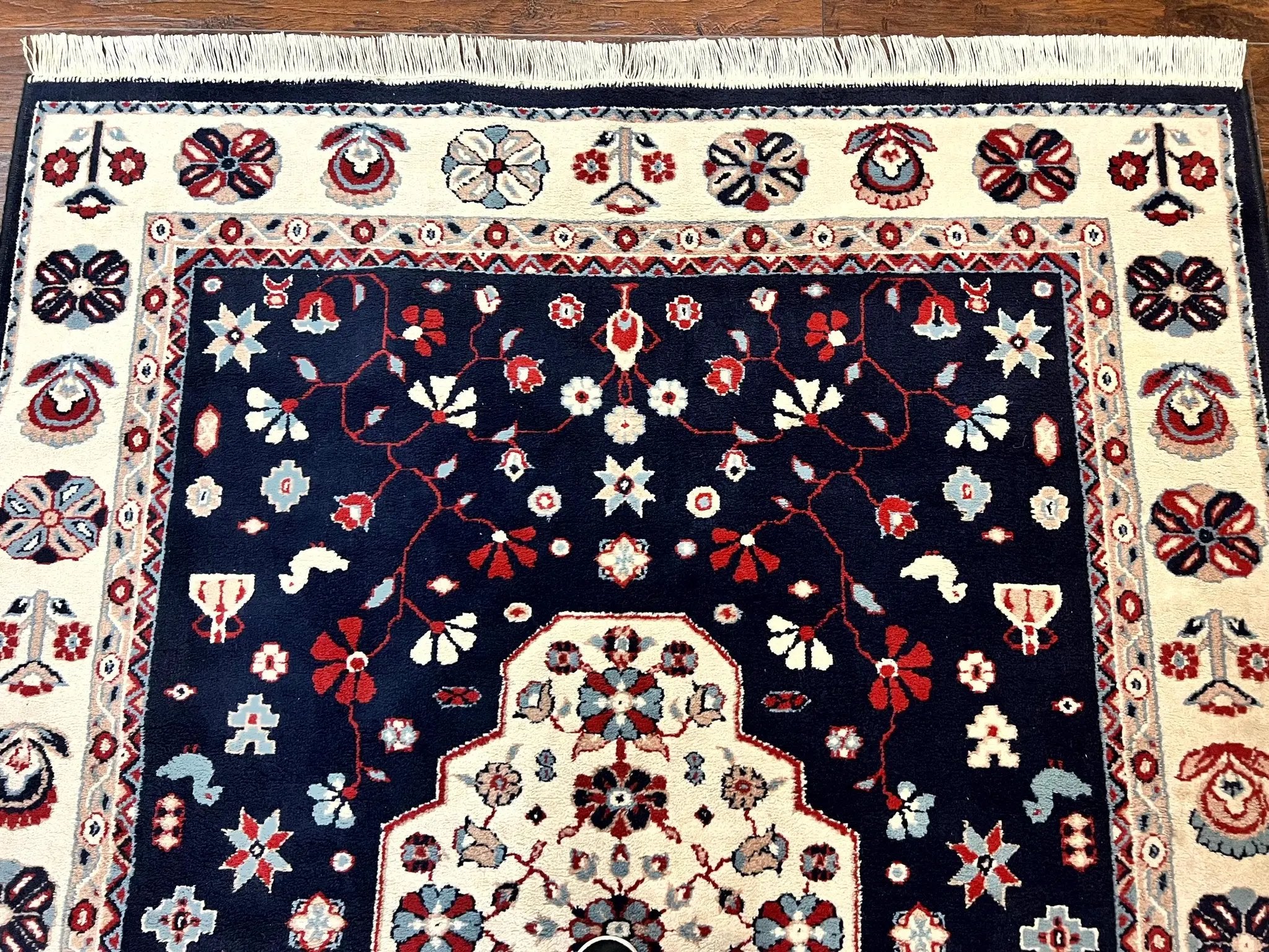 Belgium Power Loomed Rug 5.6 x 7, Navy Blue and Ivory, Heriz Pattern, Vintage Oriental Carpet by Jewel Rugs
