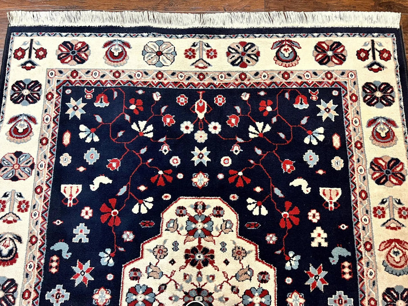Belgium Power Loomed Rug 5.6 x 7, Navy Blue and Ivory, Heriz Pattern, Vintage Oriental Carpet by Jewel Rugs